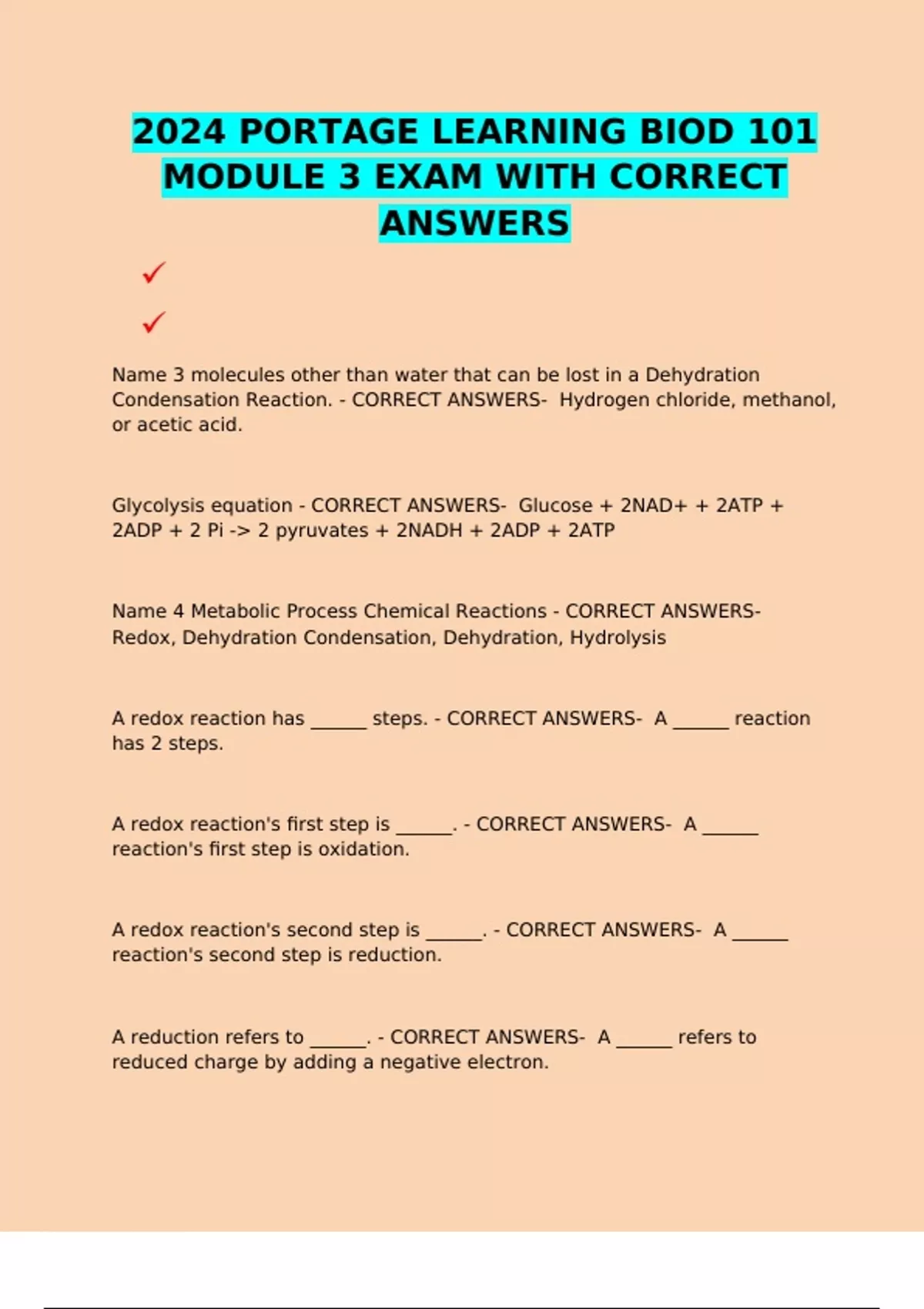 2024 PORTAGE LEARNING BIOD 101 MODULE 3 EXAM WITH CORRECT ANSWERS ...