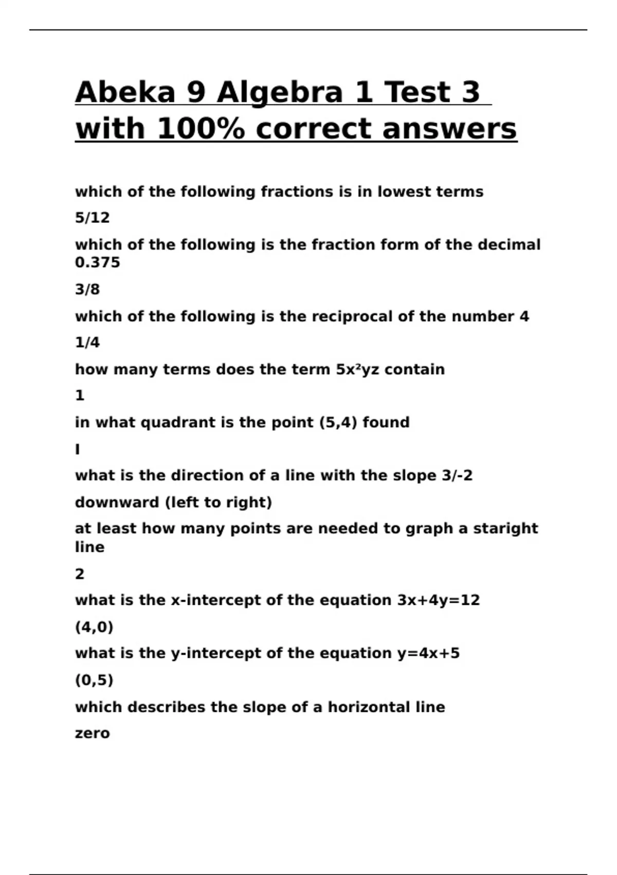 Abeka 9 Algebra 1 Test 3 with 100- correct answers. - KHAN ACADEMY MATH - Stuvia US