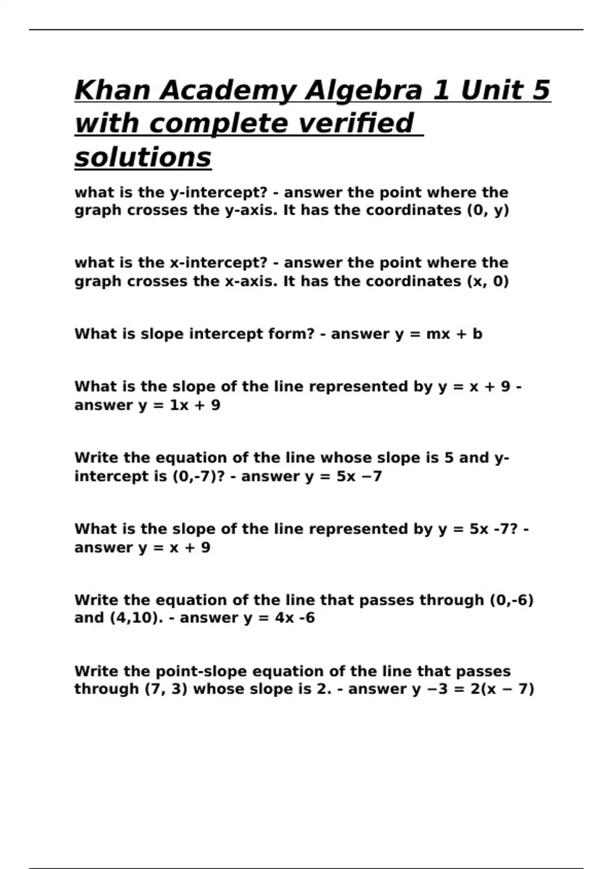 Khan Academy Algebra 1 Unit 5 with complete verified solutions - KHAN ACADEMY MATH - Stuvia US