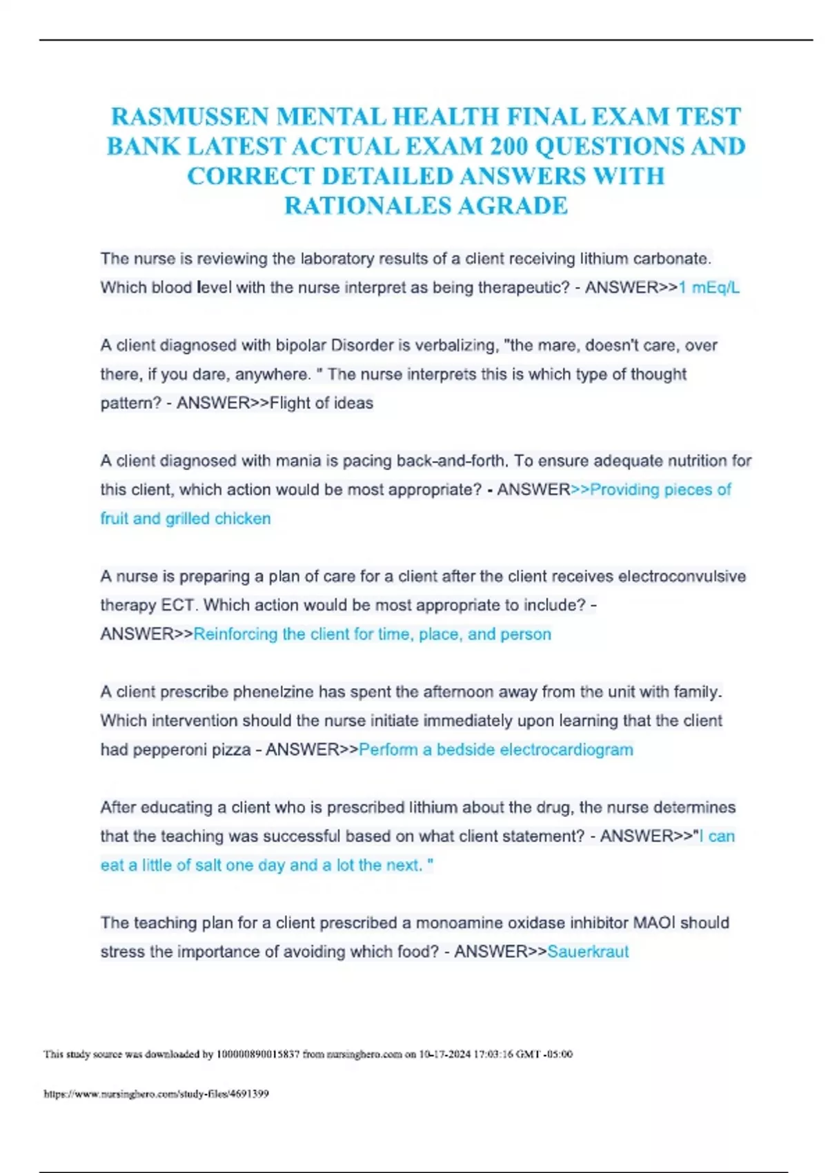 RASMUSSEN MENTAL HEALTH FINAL EXAM TEST BANK_Questions with ...