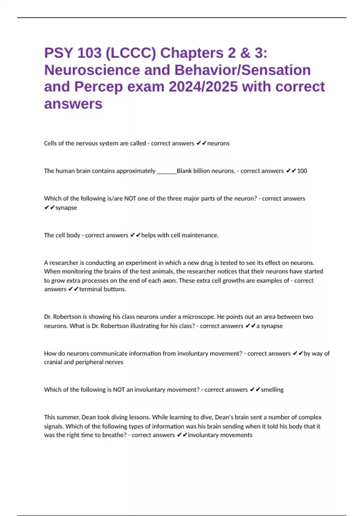 PSY 103 (LCCC) Chapters 2 & 3: Neuroscience and Behavior/Sensation and ...