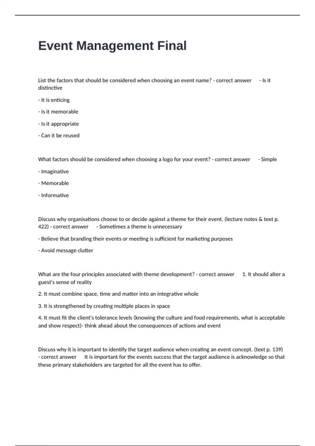 Event Management Final Exam Practice Questions And Answers Correct ...
