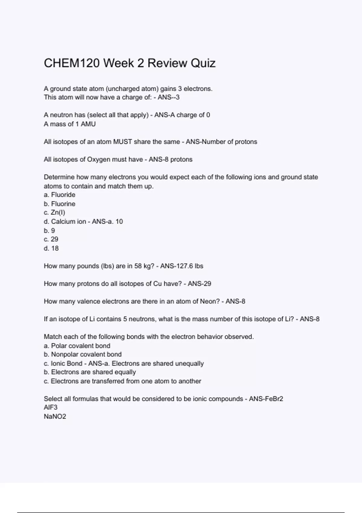 CHEM120 Week 2 Review Quiz ( 2024/ 2025) Questions and Answers |100% ...