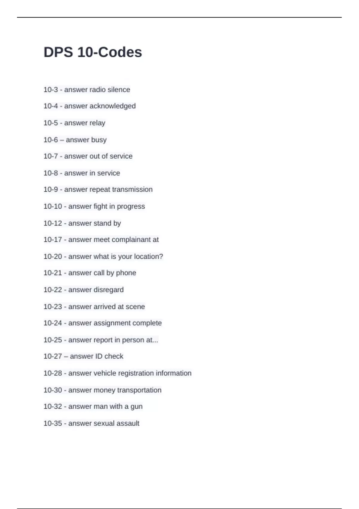 DPS 10-Codes Questions and Answers Fully Solved - Dps - Stuvia US