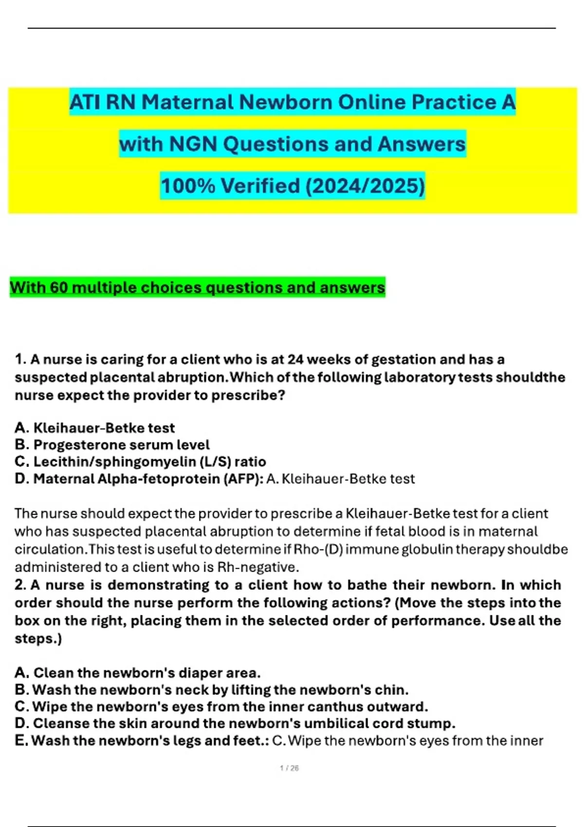 ATI RN Maternal Newborn Online Practice A with NGN Questions and ...