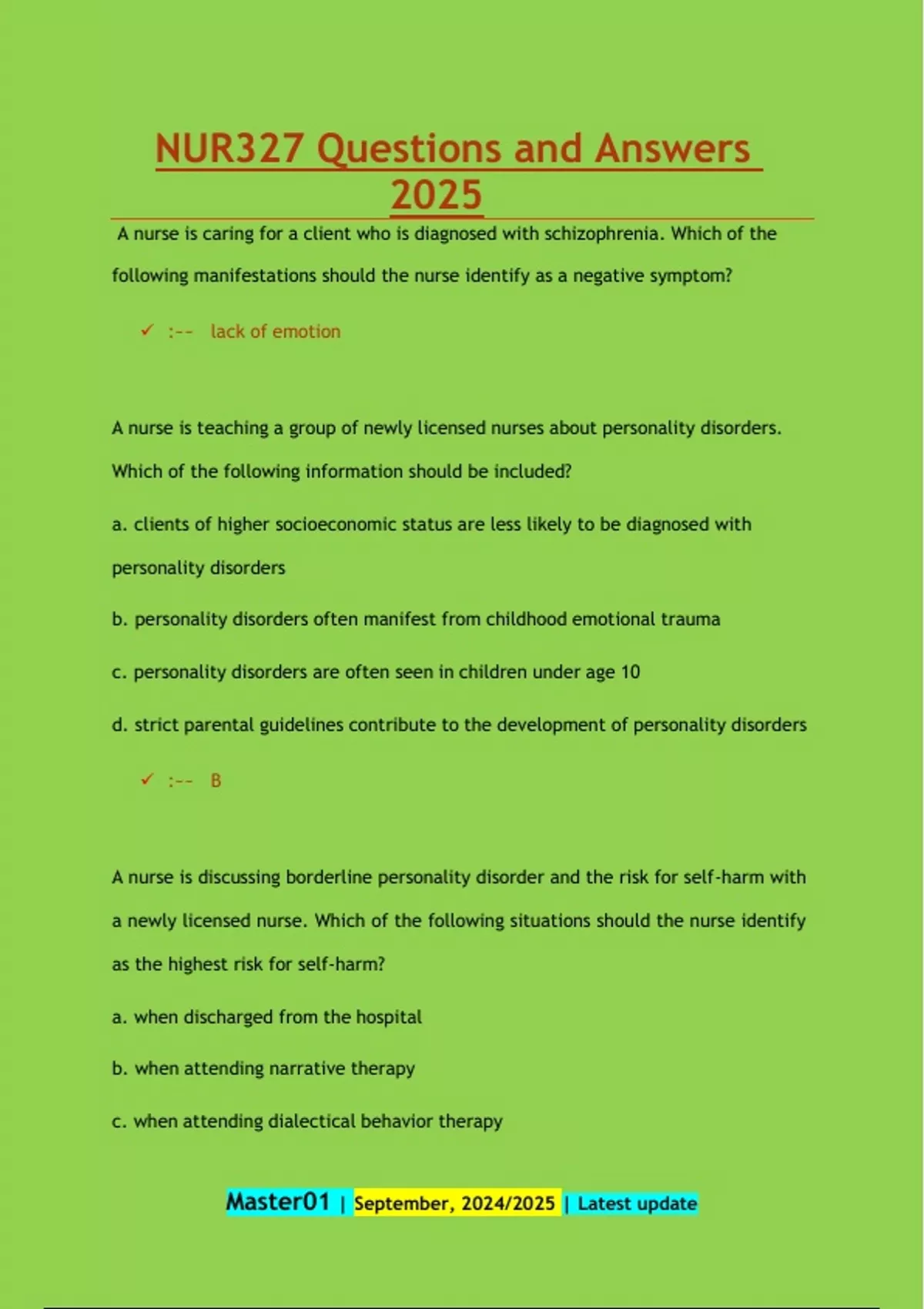 NUR327 Questions and Answers 2025 - NUR327 - Stuvia US