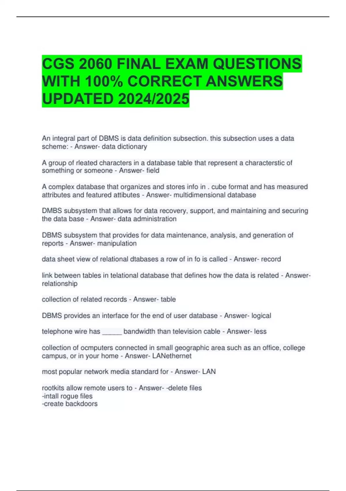 CGS 2060 FINAL EXAM QUESTIONS WITH 100% CORRECT ANSWERS UPDATED 2024/ ...