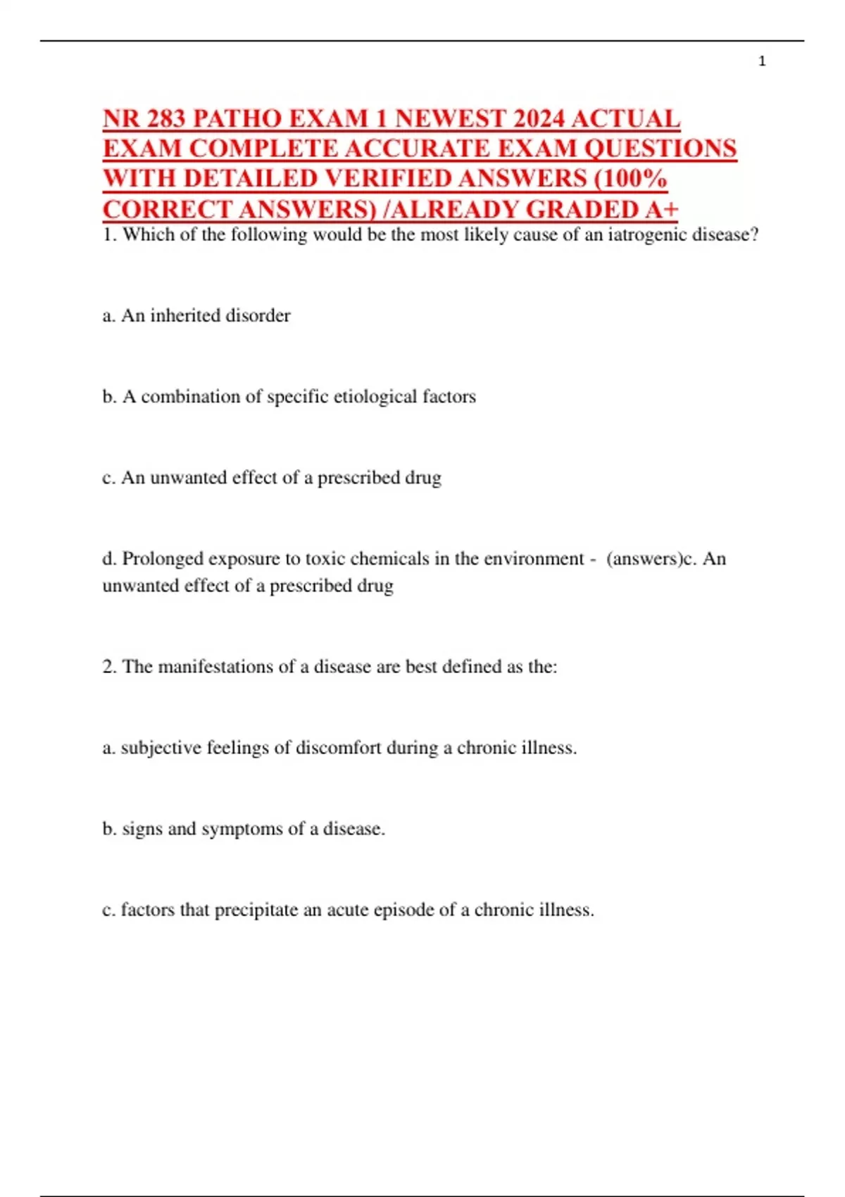 NR 283 PATHO EXAM 1 NEWEST 2024 ACTUAL EXAM COMPLETE ACCURATE EXAM ...