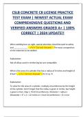 CSLB CONCRETE C8 LICENSE PRACTICE  TEST EXAM &vert; NEWEST ACTUAL EXAM  COMPREHENSIVE QUESTIONS AND  VERIFIED ANSWERS GRADED A&plus; &vert; 100&percnt;  CORRECT &vert; 2024 UPDATE&excl;&excl;
