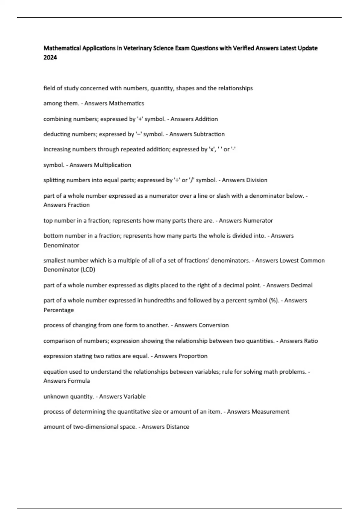 Mathematical Applications in Veterinary Science Exam Questions with ...