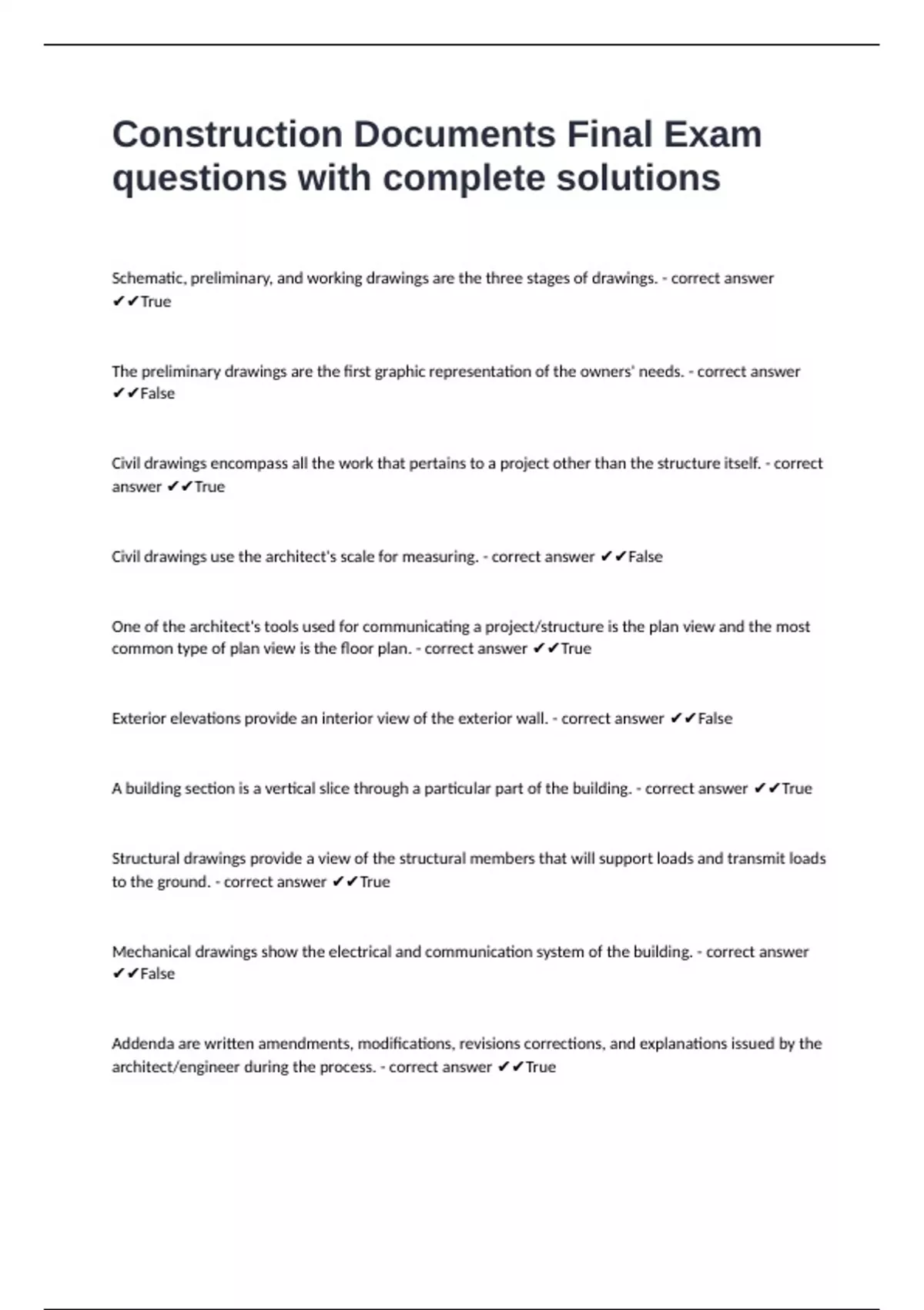 Construction Documents Final Exam questions with complete solutions - Constructions - Stuvia US