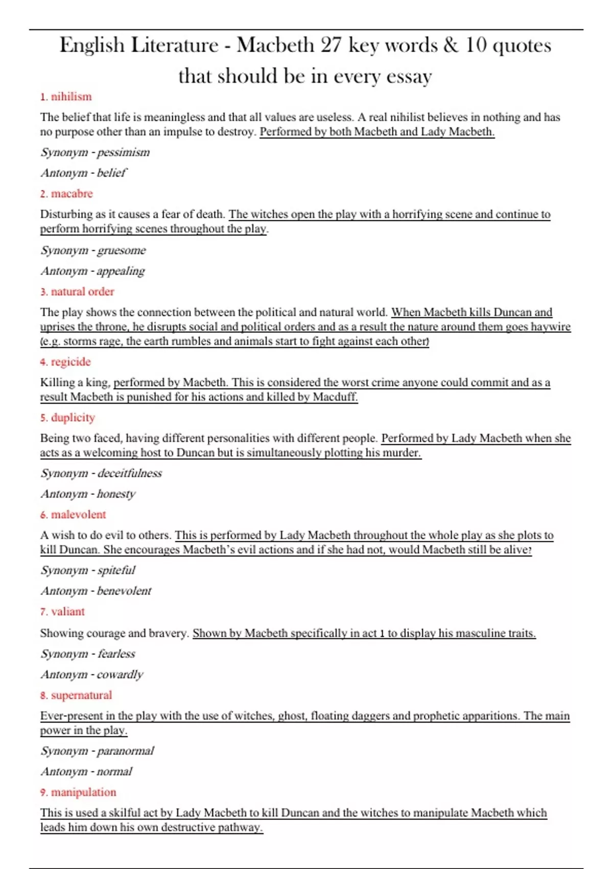 Summary GCSE - 27 key words and 10 quotes that should be in every ...