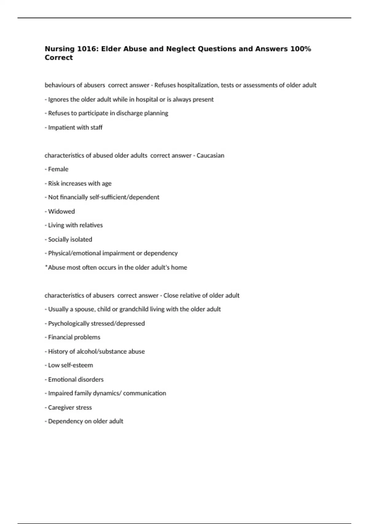 Nursing 1016: Elder Abuse and Neglect Questions and Answers 100% ...