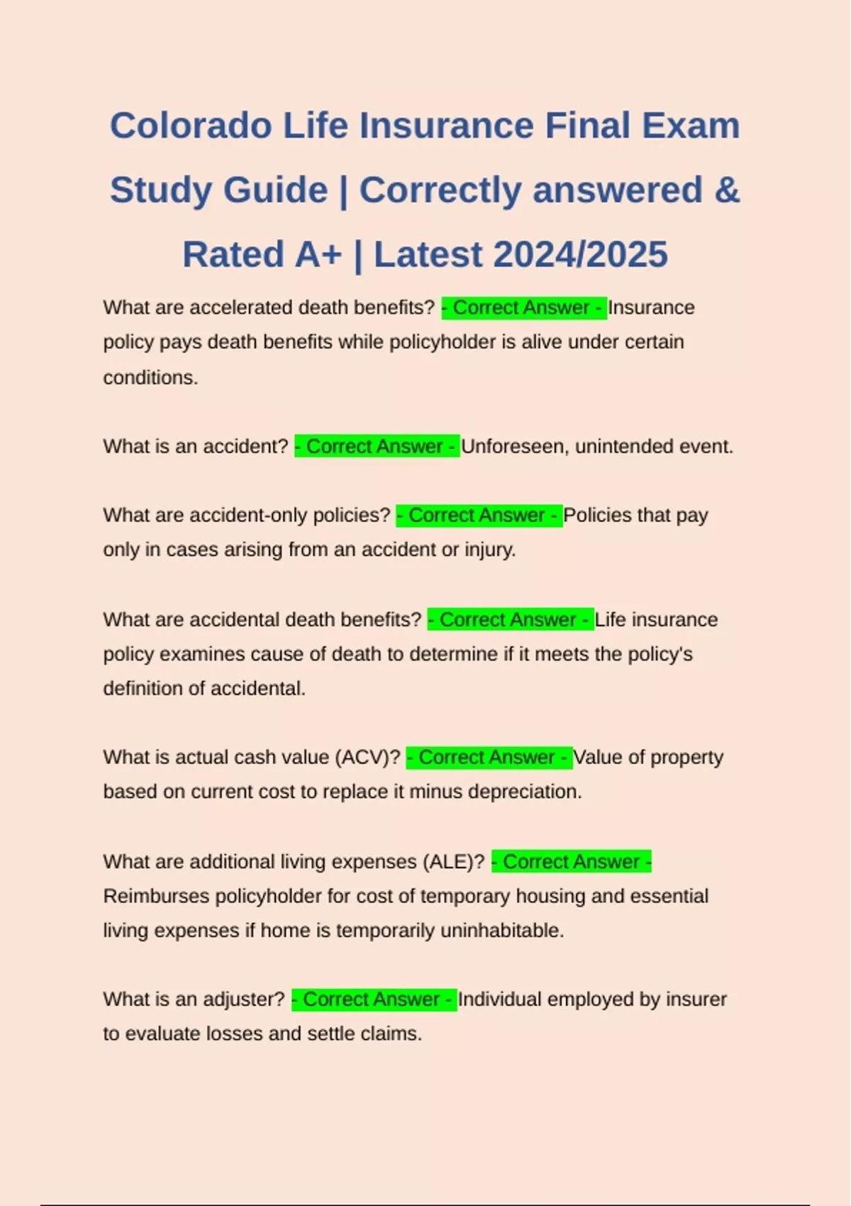 Colorado Life Insurance Final Exam Study Guide | Correctly answered ...