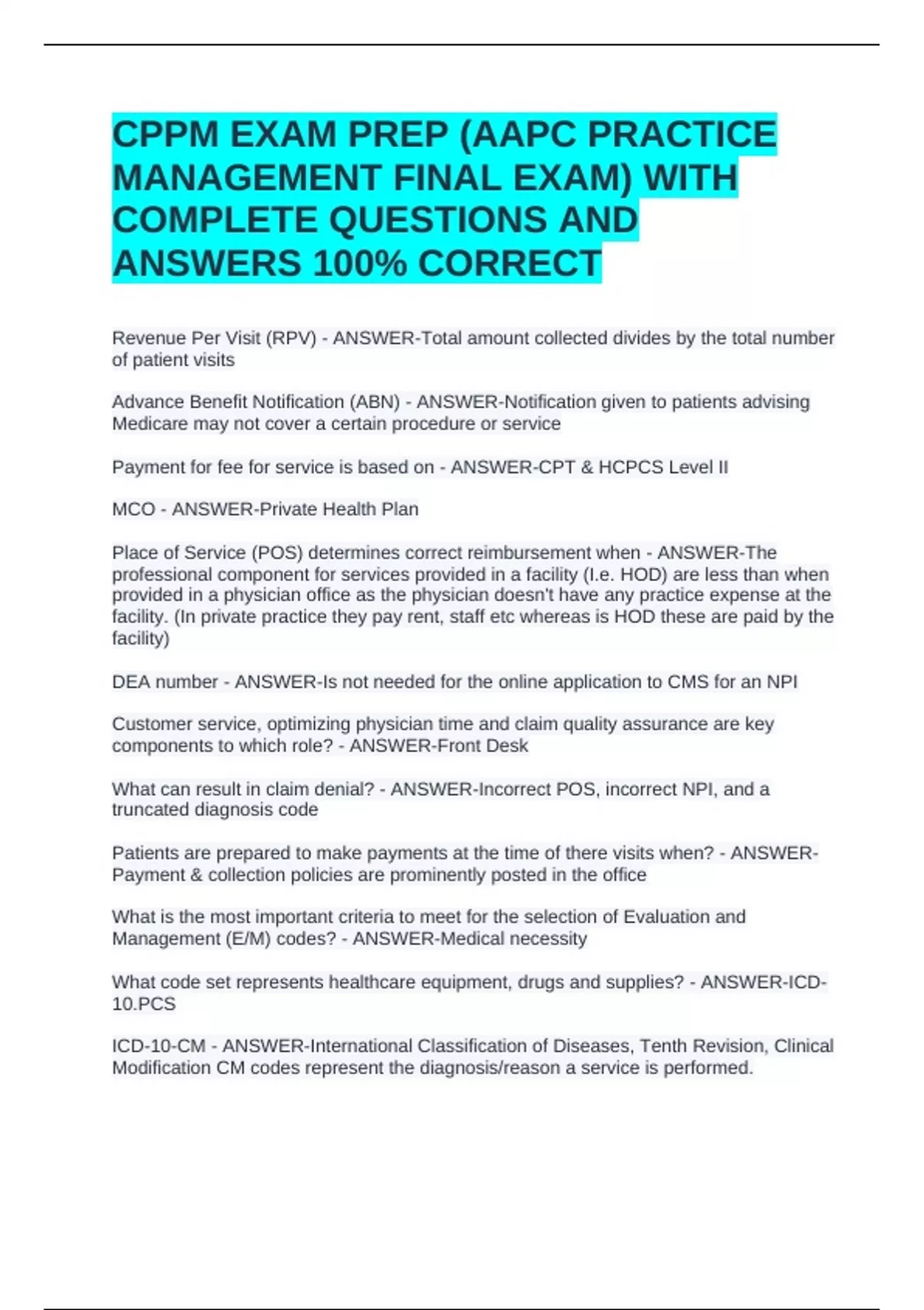 CPPM EXAM PREP (AAPC PRACTICE MANAGEMENT FINAL EXAM) WITH COMPLETE ...