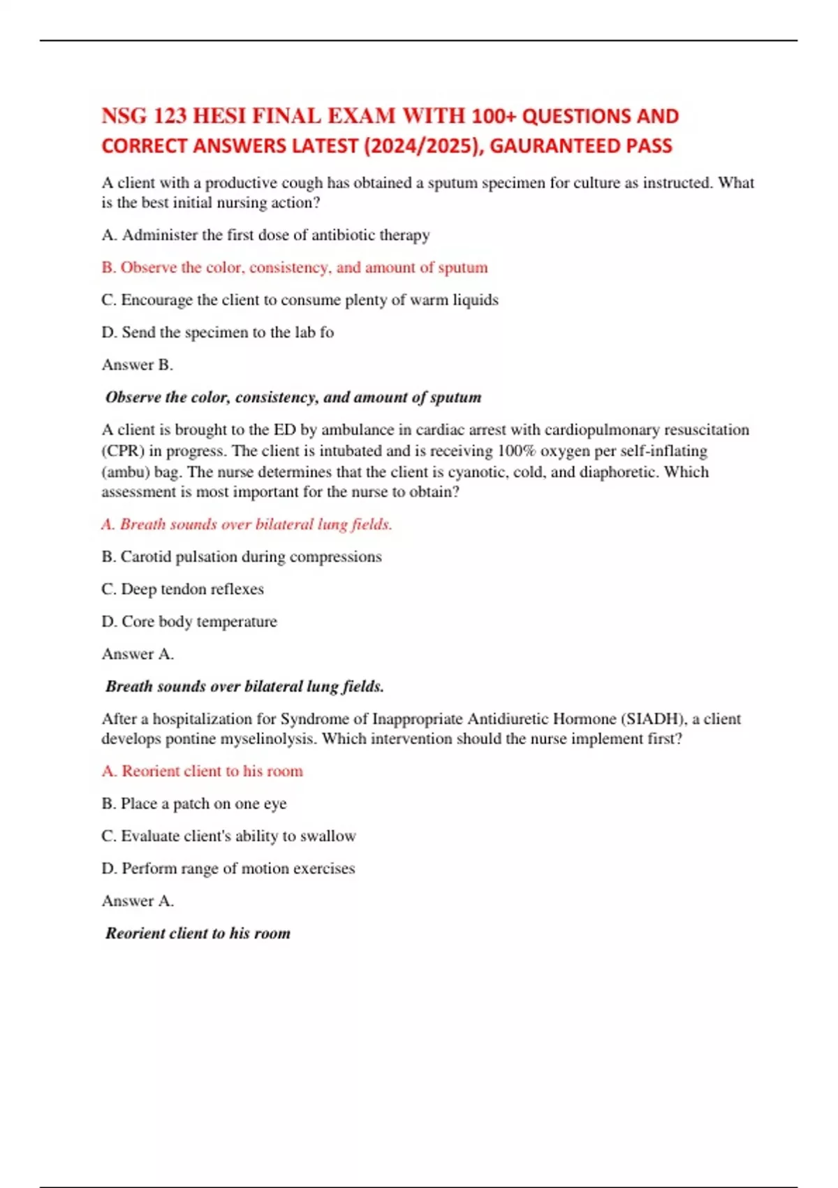 NSG 123 HESI FINAL EXAM WITH 100+ QUESTIONS AND CORRECT ANSWERS LATEST ...