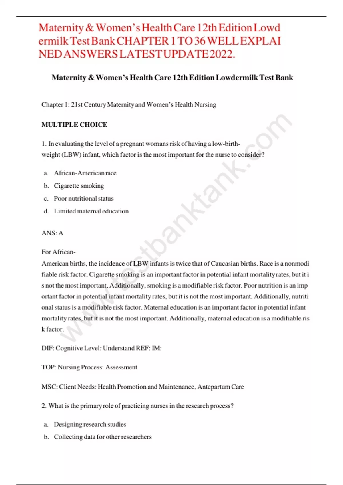 Maternity women s health care 12th edition lowdermilk test bank chapter