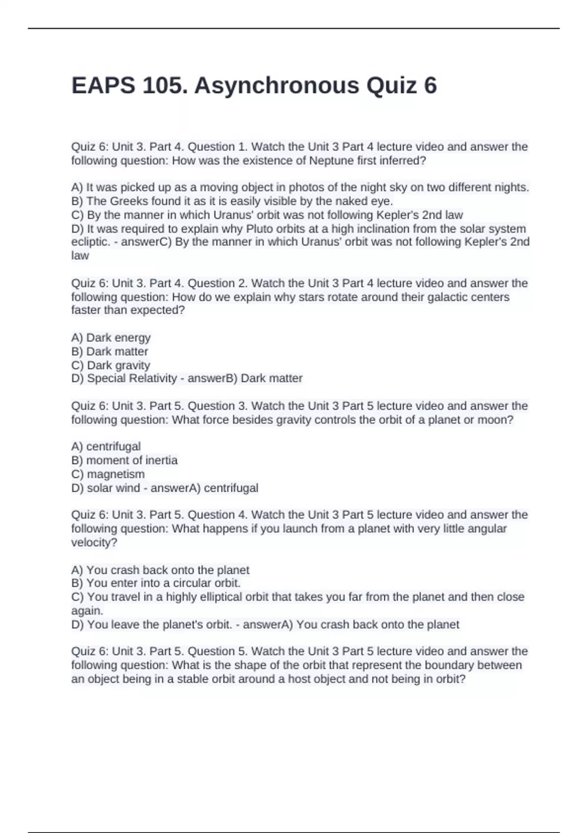 EAPS 105. Asynchronous Quiz 6 Questions with Solutions - EAPS - Stuvia US