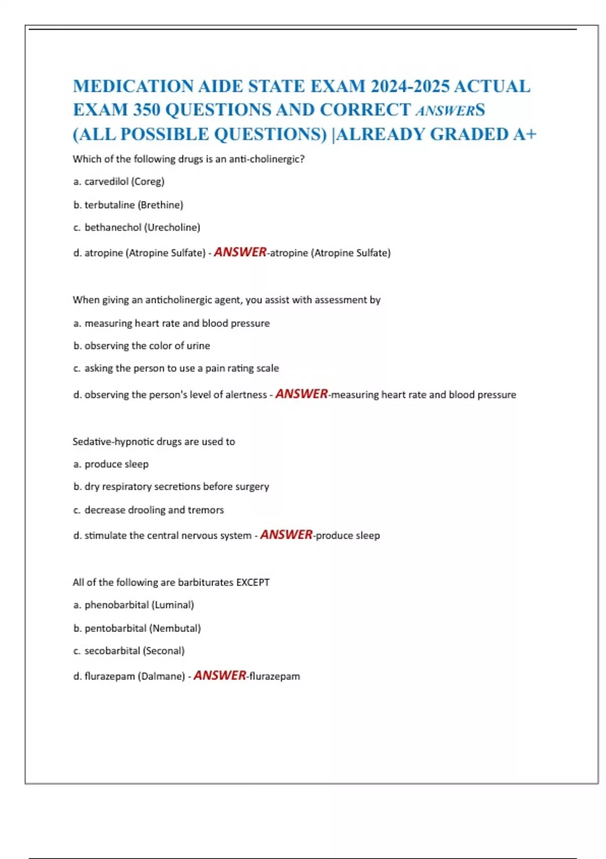 Medication Aide State Exam Actual Exam 350 Questions And Correct