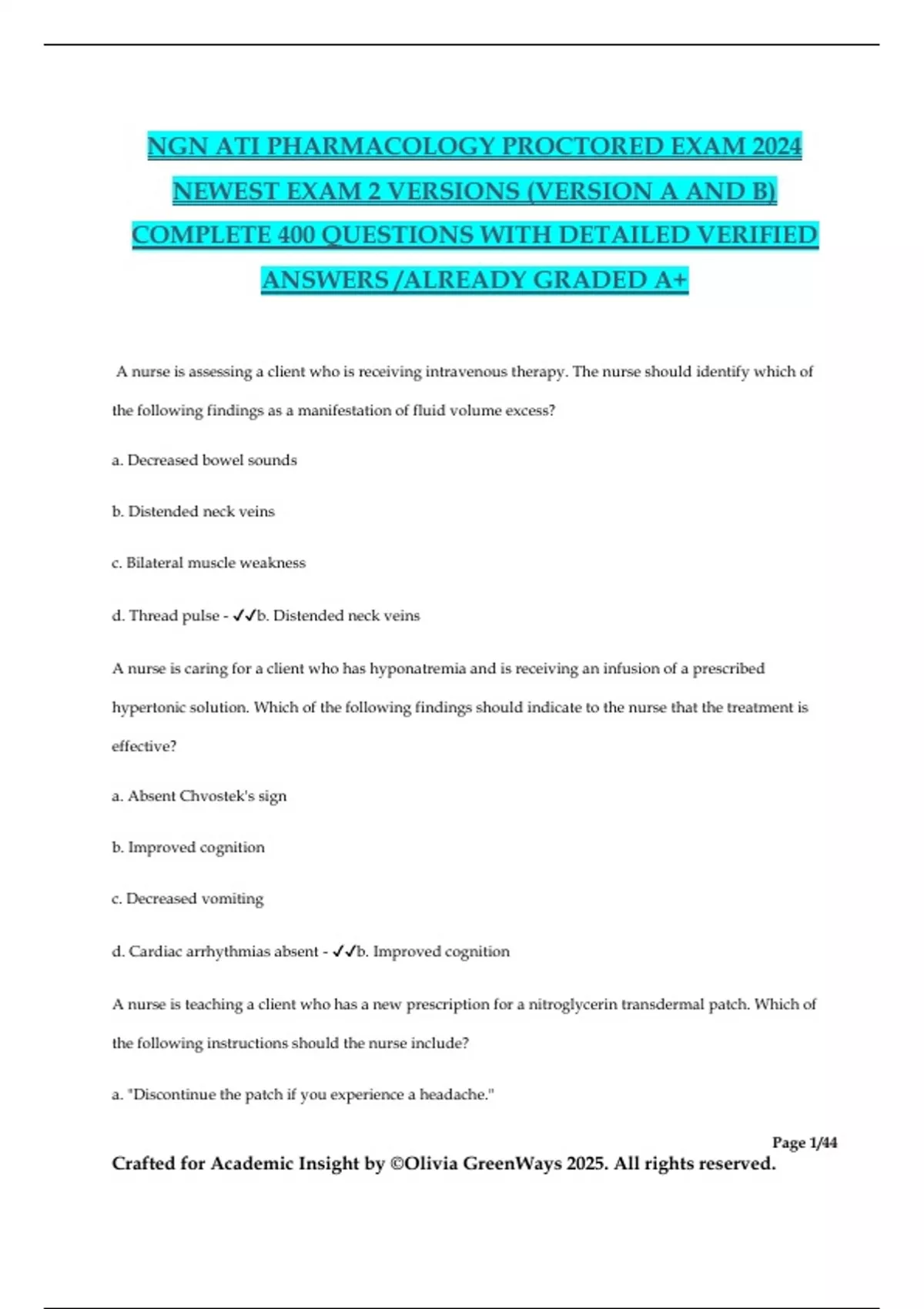 NGN ATI PHARMACOLOGY PROCTORED EXAM 2024 NEWEST EXAM 2 VERSIONS ...