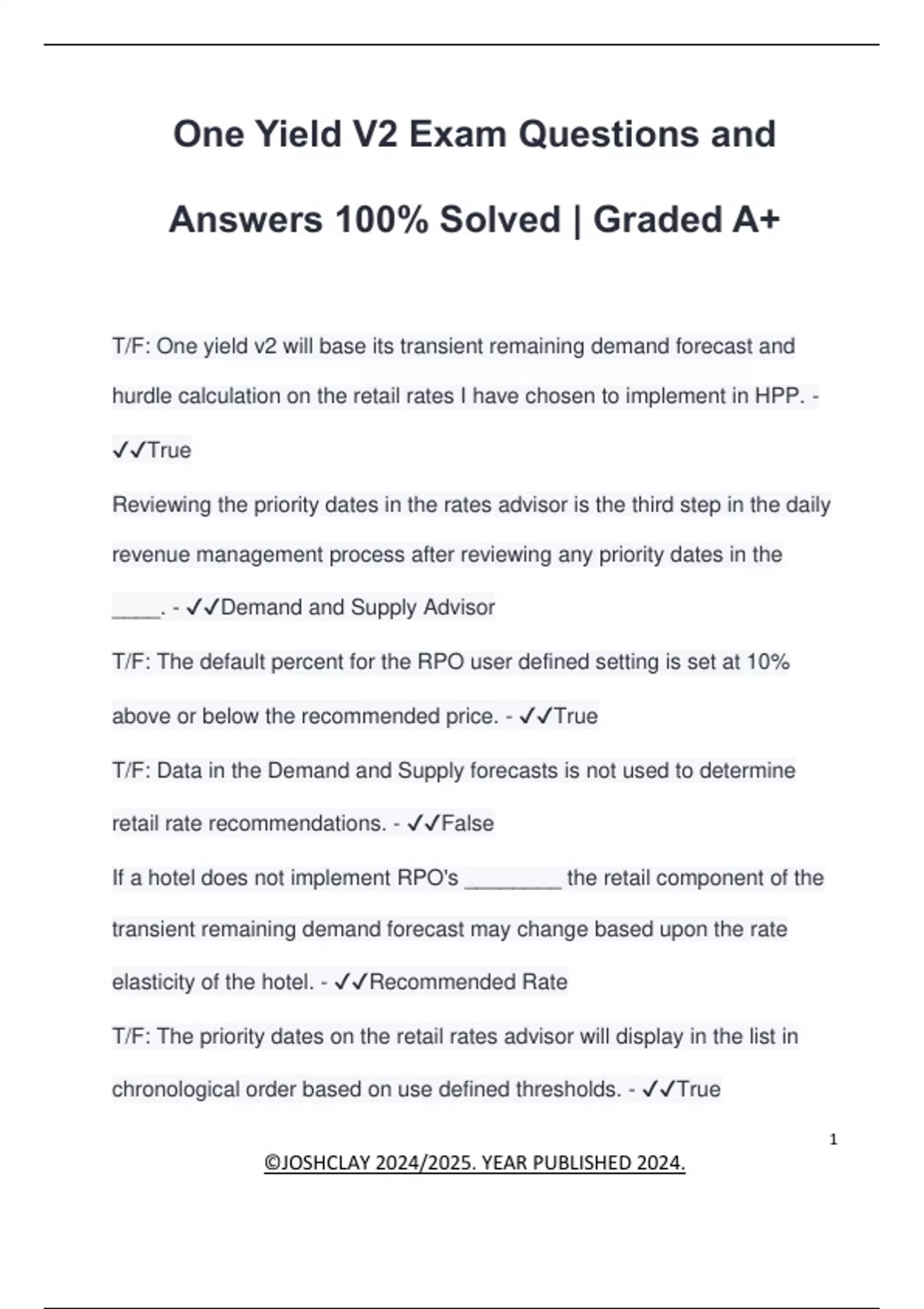 One Yield V2 Exam Questions and Answers 100% Solved | Graded A+ - One ...