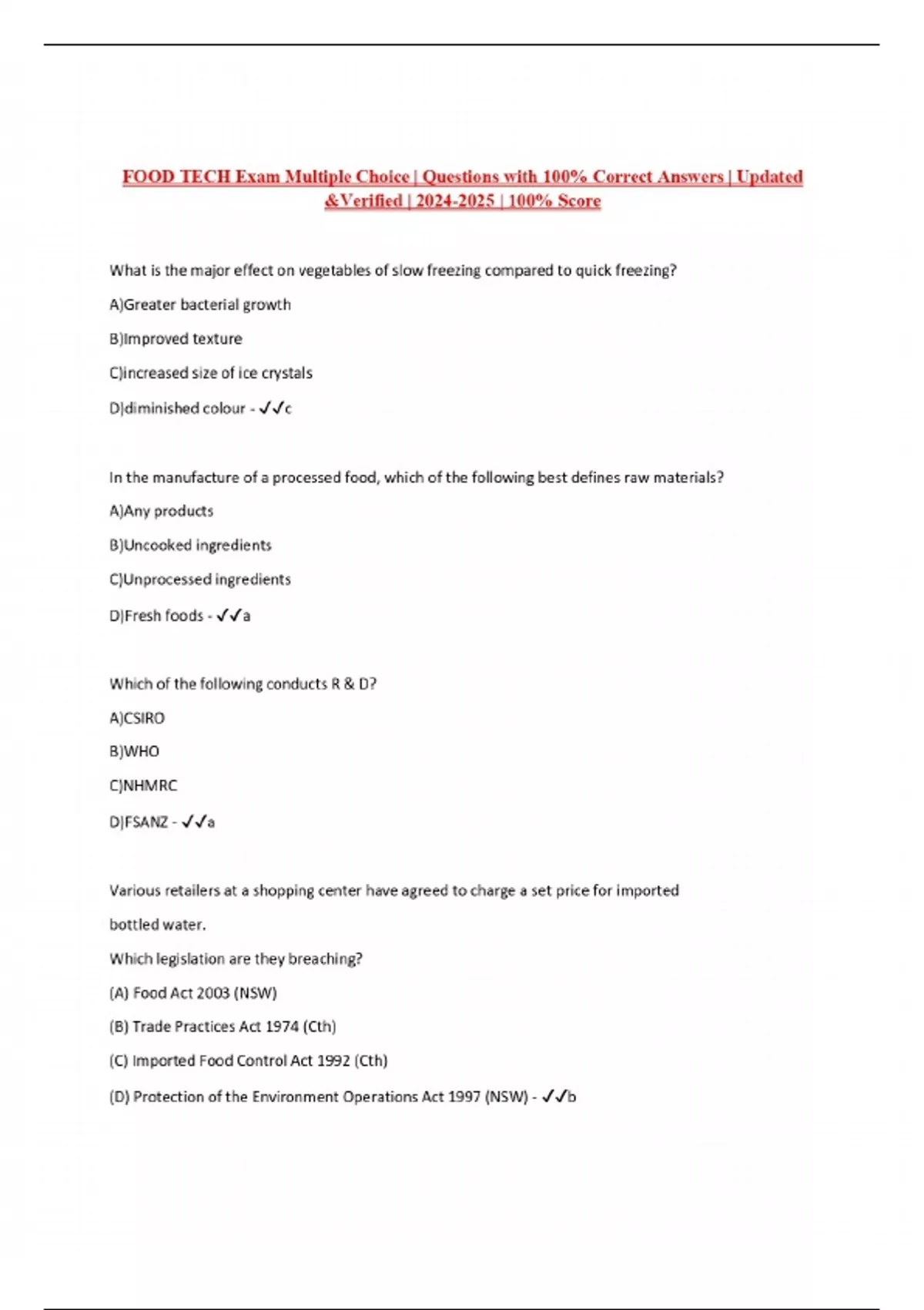 Foodtech Course Quiz FOOD TECH Exam Multiple Choice | Questions with 100% Correct Answers ...