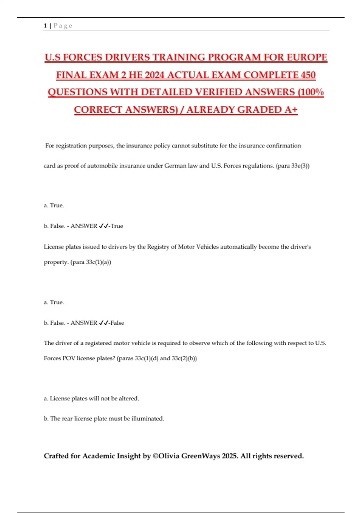 U.S FORCES DRIVERS TRAINING PROGRAM FOR EUROPE FINAL EXAM 2 HE 2024 ...