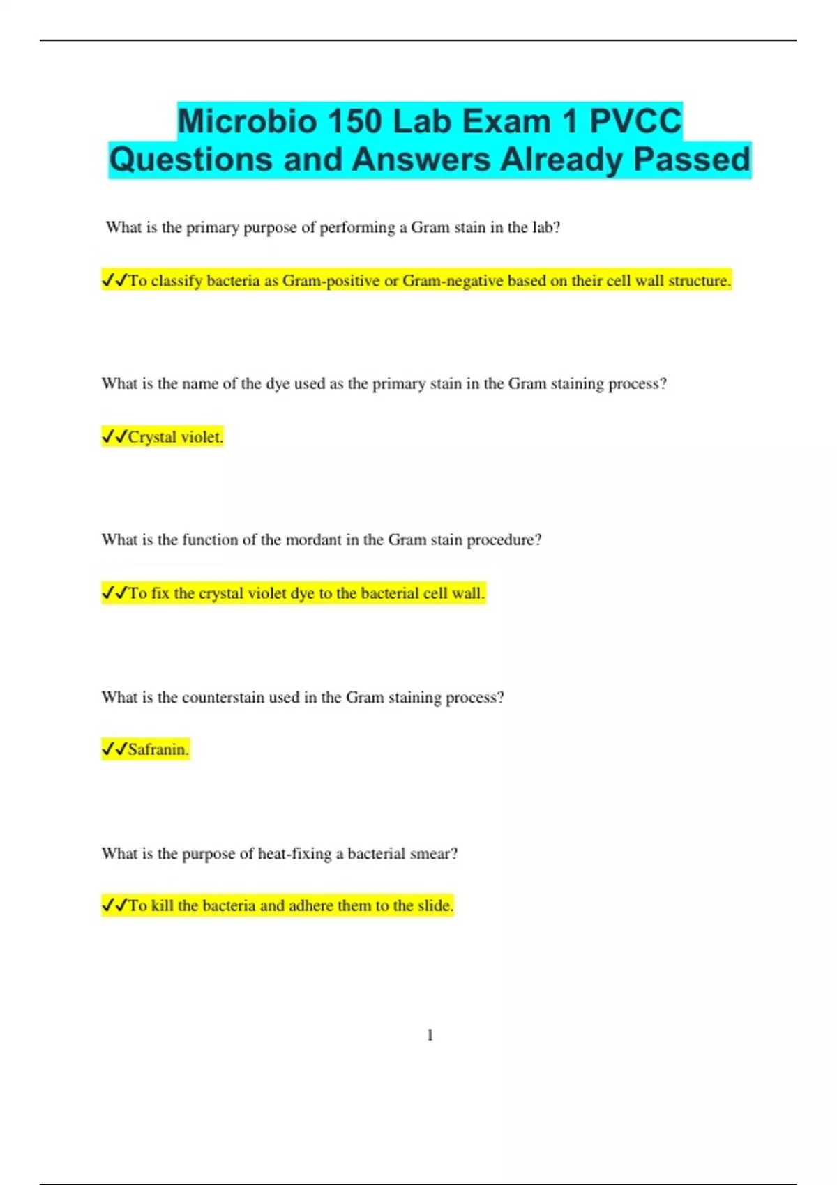 Microbio 150 Lab Exam 1 PVCC Questions and Answers Already Passed ...