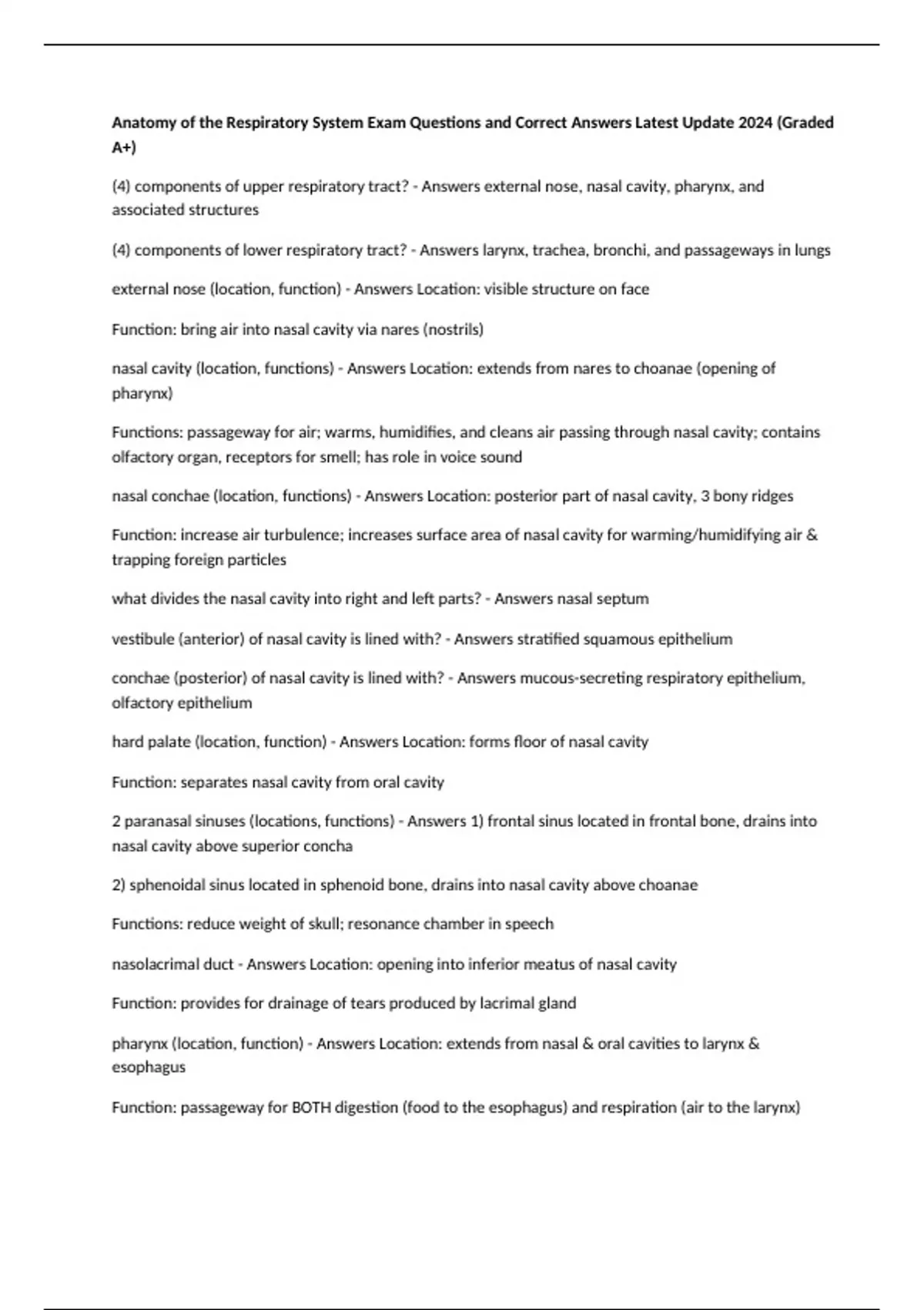 Anatomy of the Respiratory System Exam Questions and Correct Answers ...