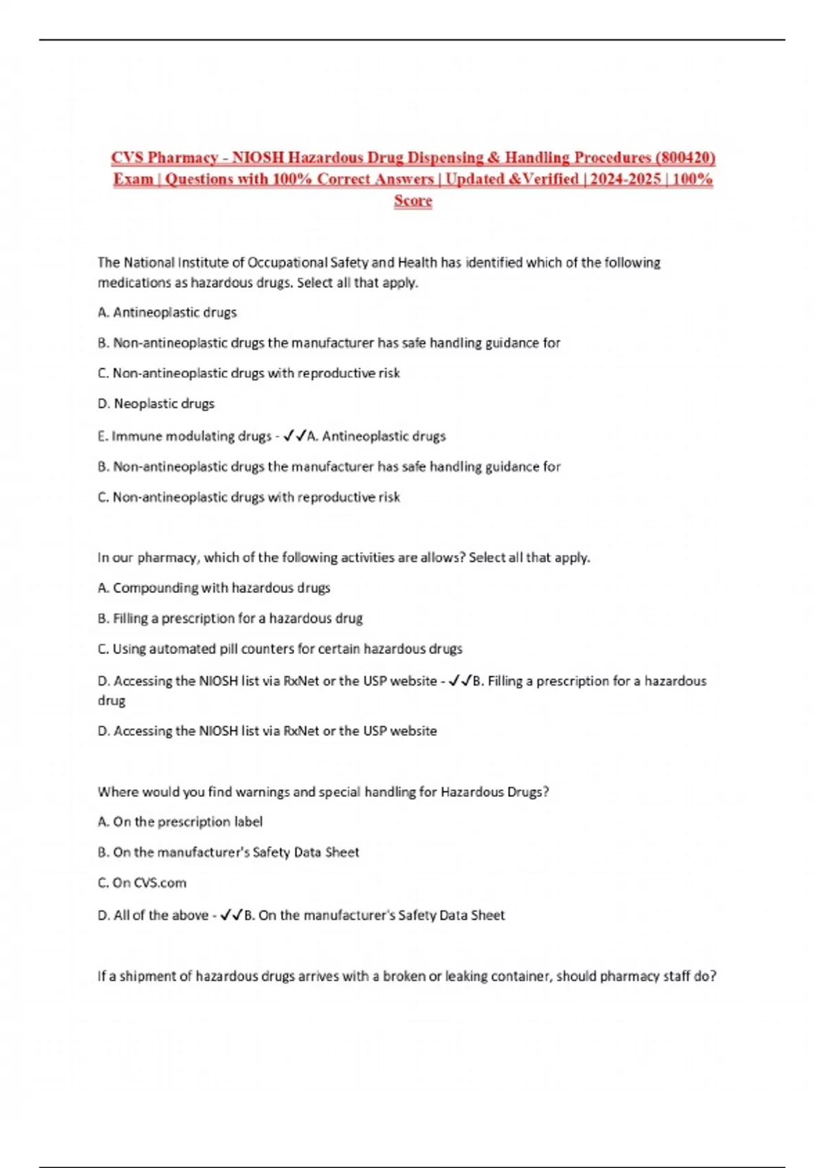 CVS Pharmacy - NIOSH Hazardous Drug Dispensing & Handling Procedures ...