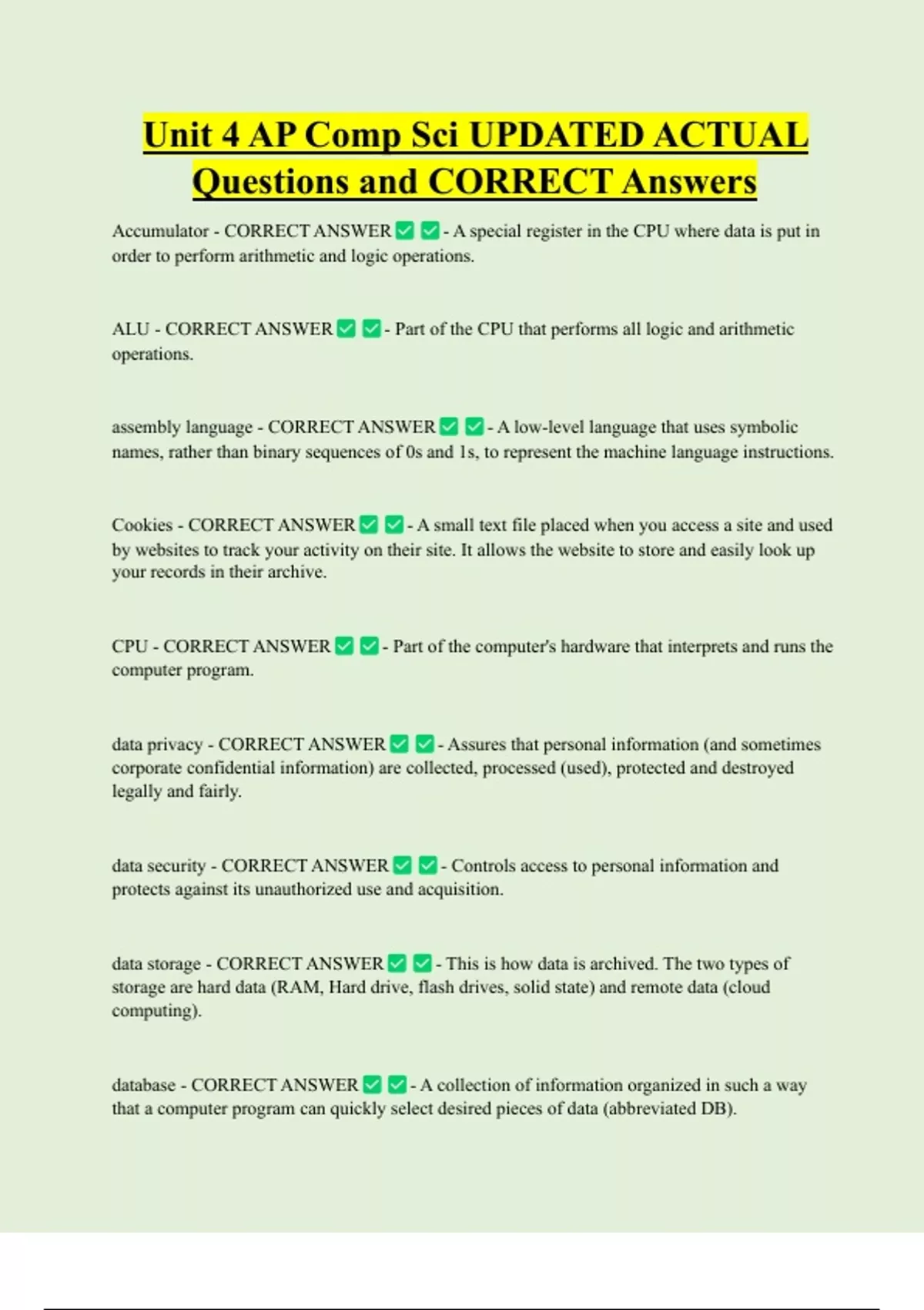 Unit 4 AP Comp Sci UPDATED ACTUAL Questions and CORRECT Answers - AP ...