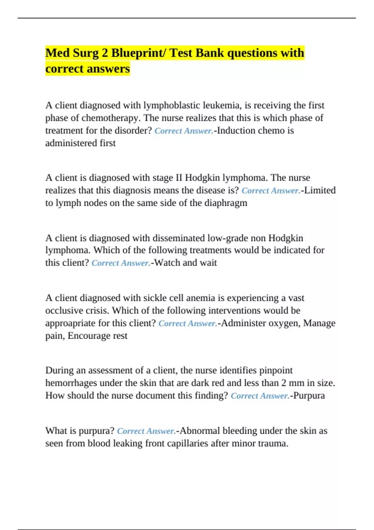Med Surg 2 Blueprint/ Test Bank questions with correct answers - Med ...