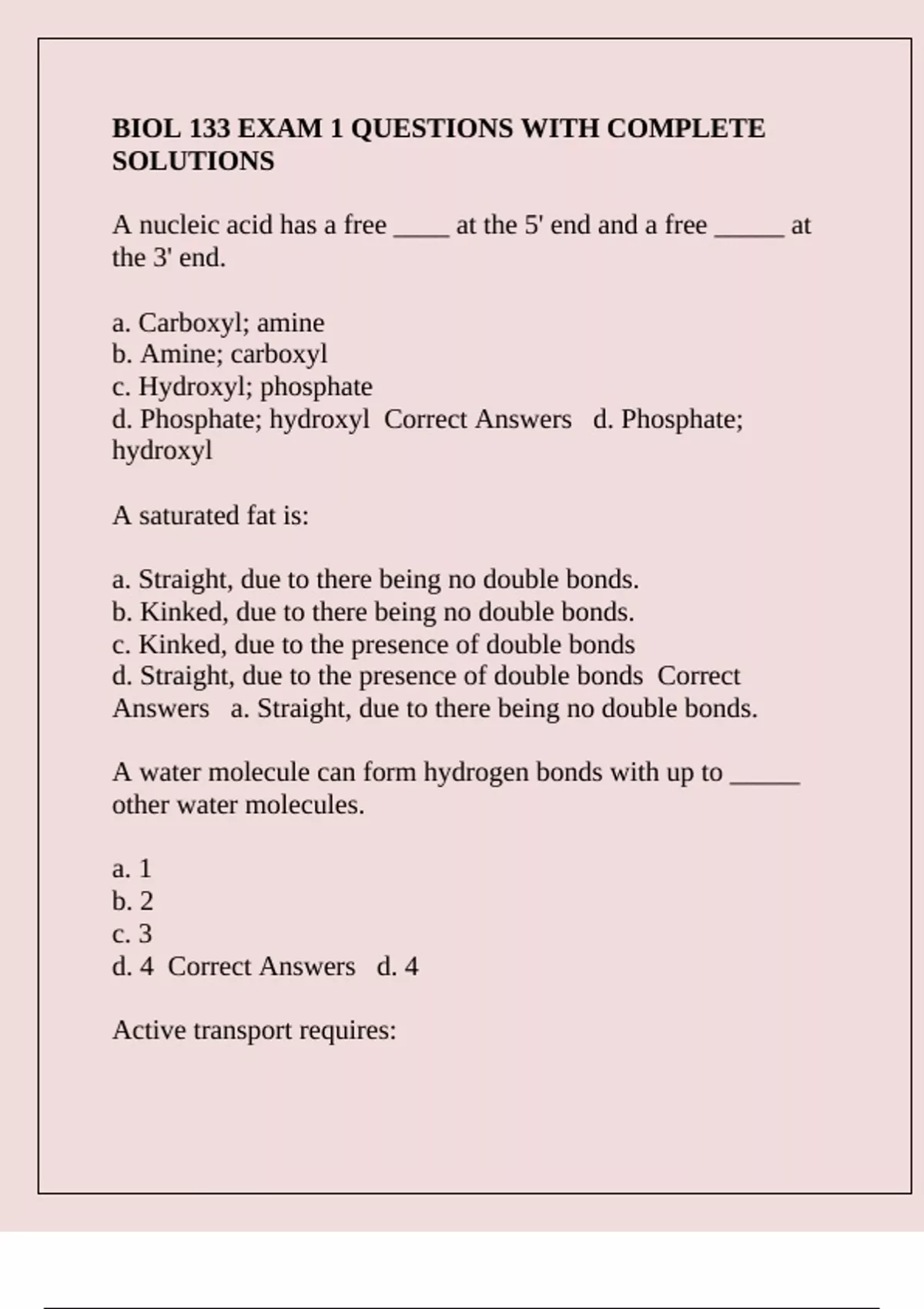 BIOL 133 EXAM 1 QUESTIONS WITH COMPLETE SOLUTIONS - BIOL 133 - Stuvia US