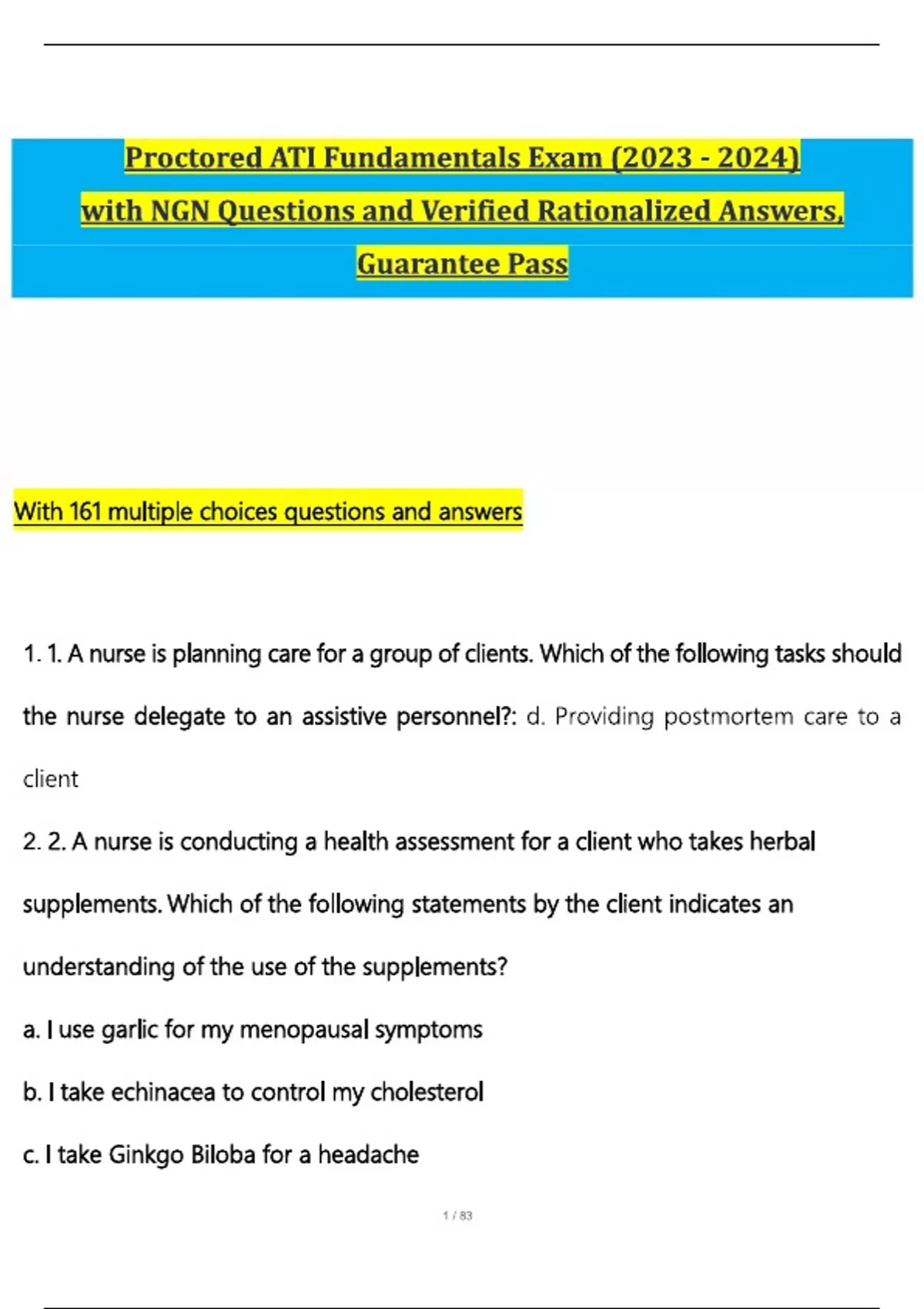 Proctored ATI Fundamentals Exam (2025/2026) with NGN Questions and ...