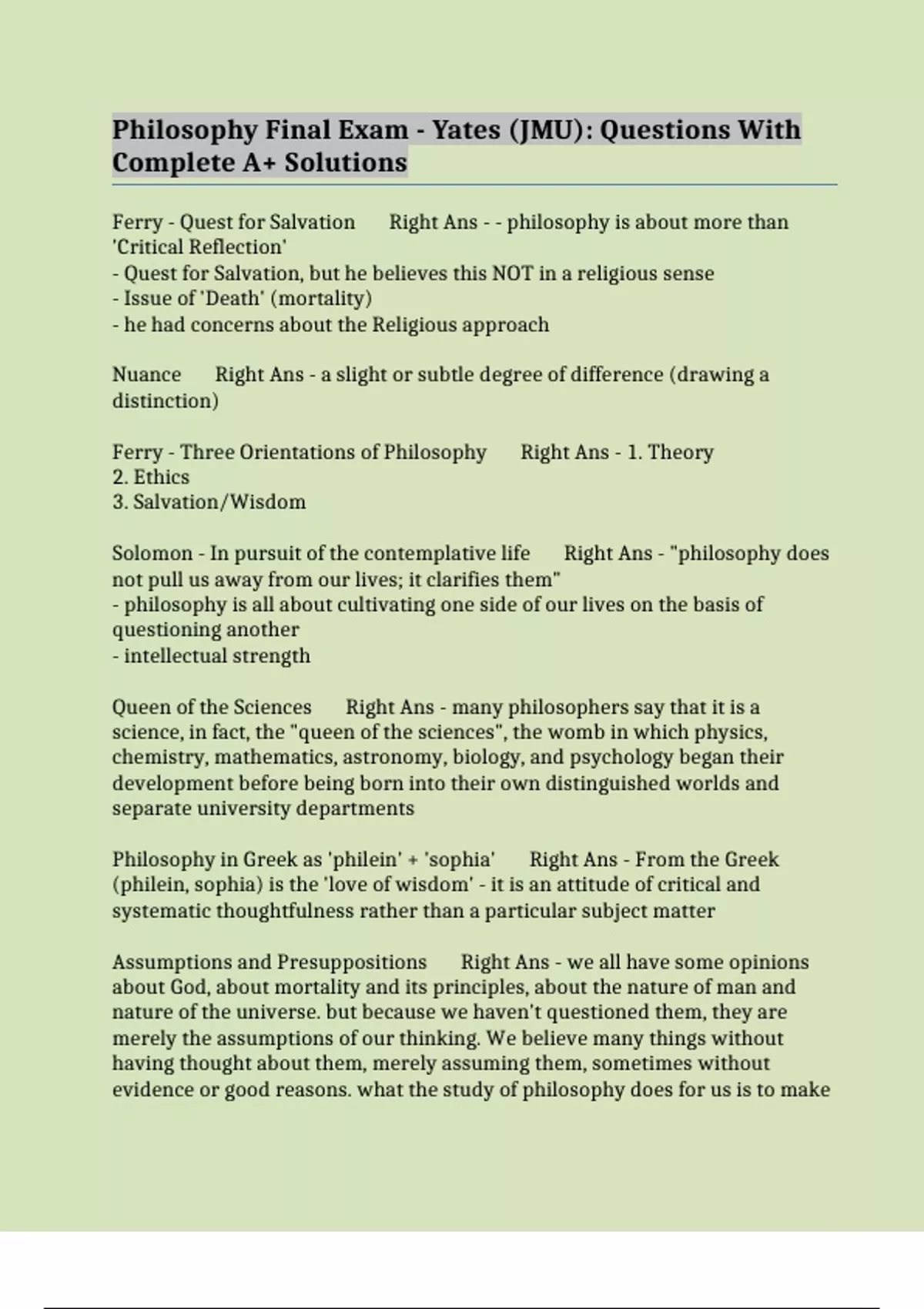 Philosophy Final Exam - Yates (JMU): Questions With Complete A+ ...