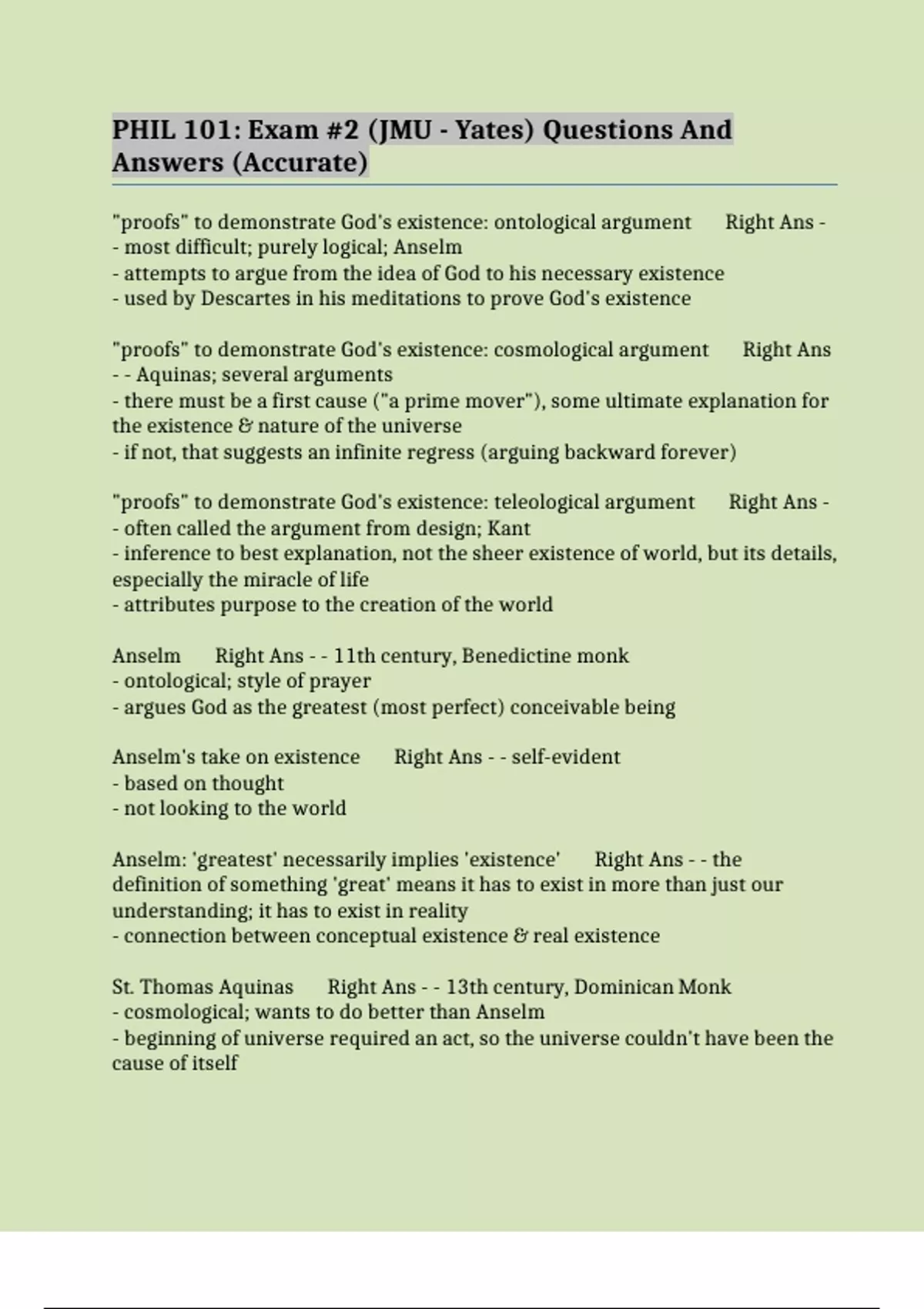 PHIL 101: Exam #2 (JMU - Yates) Questions And Answers (Accurate) - PHIL ...