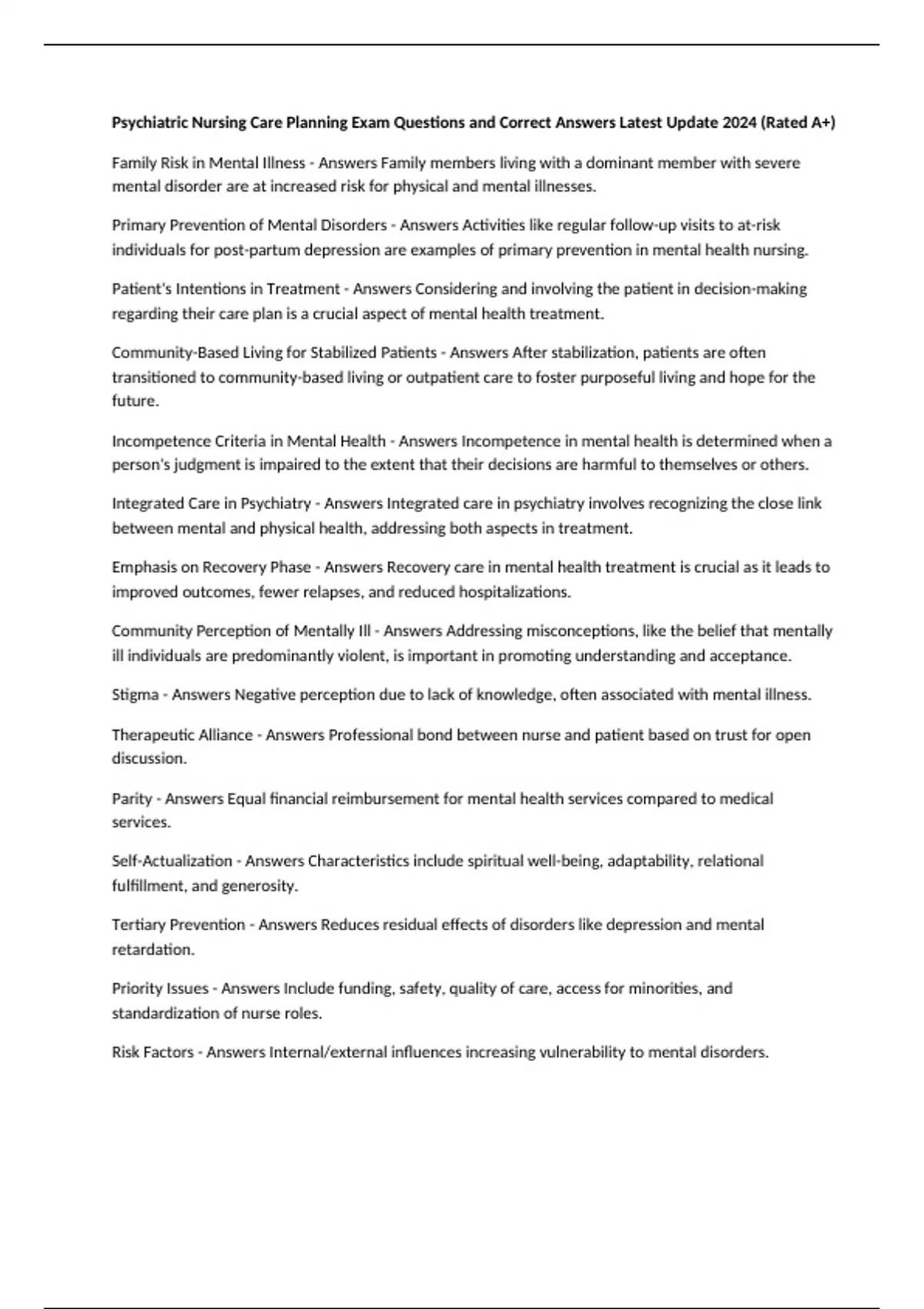 Psychiatric Nursing Care Planning Exam Questions and Correct Answers ...
