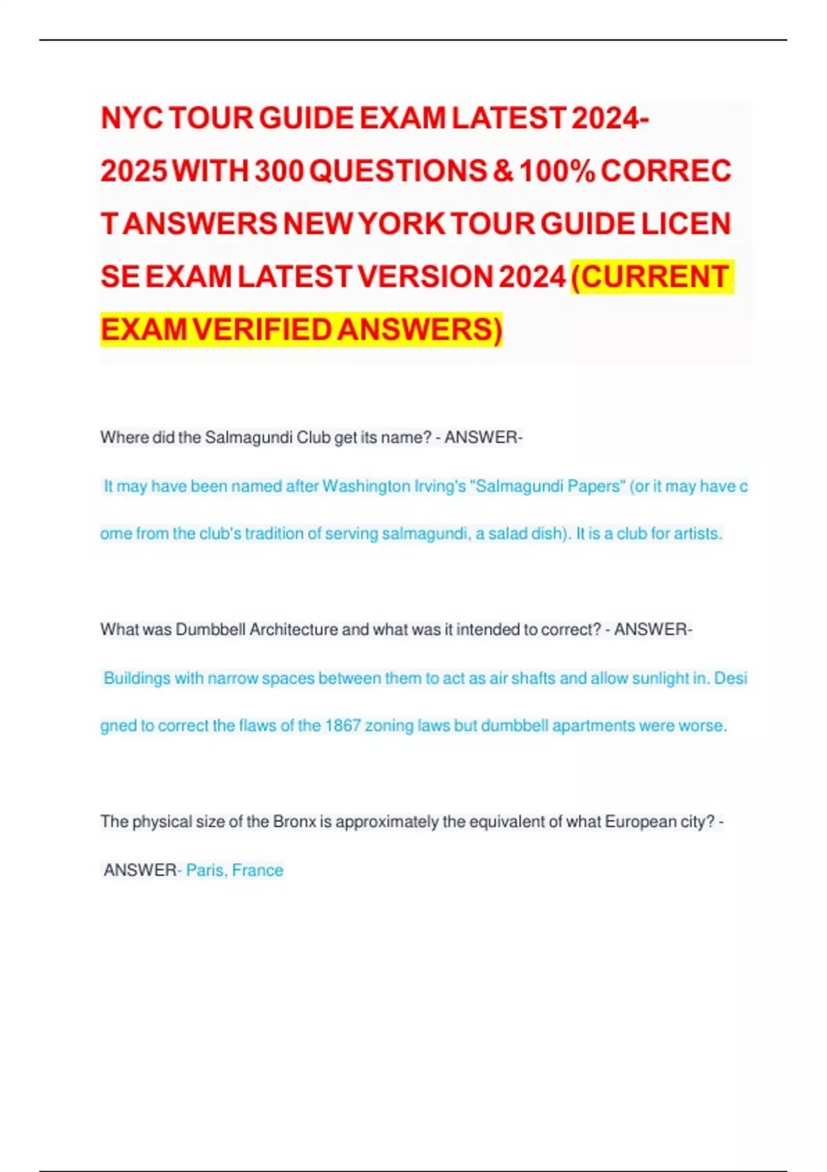 NYC TOUR GUIDE EXAM LATEST WITH 300 QUESTIONS &amp; 100% CORRECT ANSWERS NEW YORK TOUR GUIDE LICENSE ...