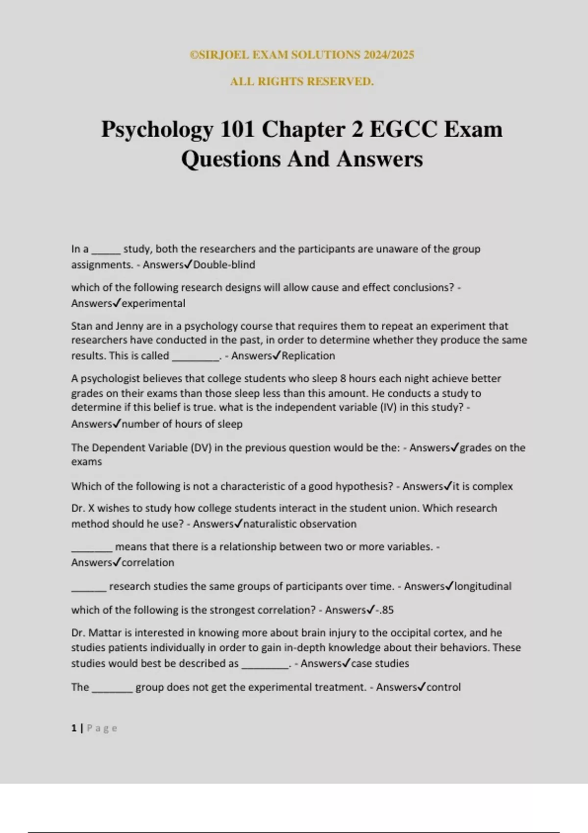 Psychology 101 Chapter 2 EGCC Exam Questions And Answers - Psychology ...