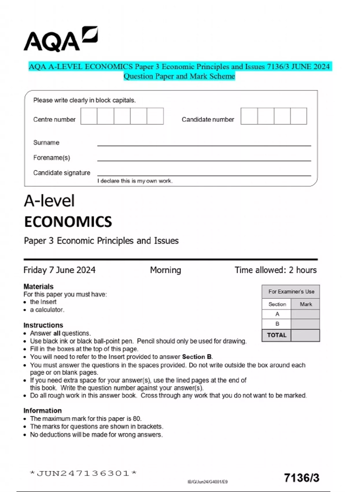 AQA AS –LEVEL ECONOMICS Paper 2 The National Economy in a Global ...