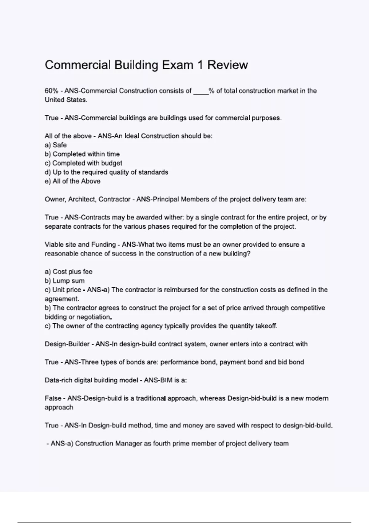 Commercial Building Questionnaire Commercial Building Exam 1 Review (2024/ 2025) Questions and Answers ...