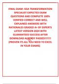 FINAL EXAM&colon; ISSA TRANSFORMATION SPECIALIST EXPECTED EXAM QUESTIONS AND COMPLETE 100&percnt; VERIFIED CORRECT AND WELL EXPLAINED ANSWERS WITH RATIONALES GRADED A&plus; BY EXPERTS LATEST VERSION 2024 WITH GUARANTEED SUCCESS AFTER DOWNLOAD ALREADY PASSED&excl;&excl;&excl;&excl;&excl;&excl;&excl; &lpar;PROVEN 