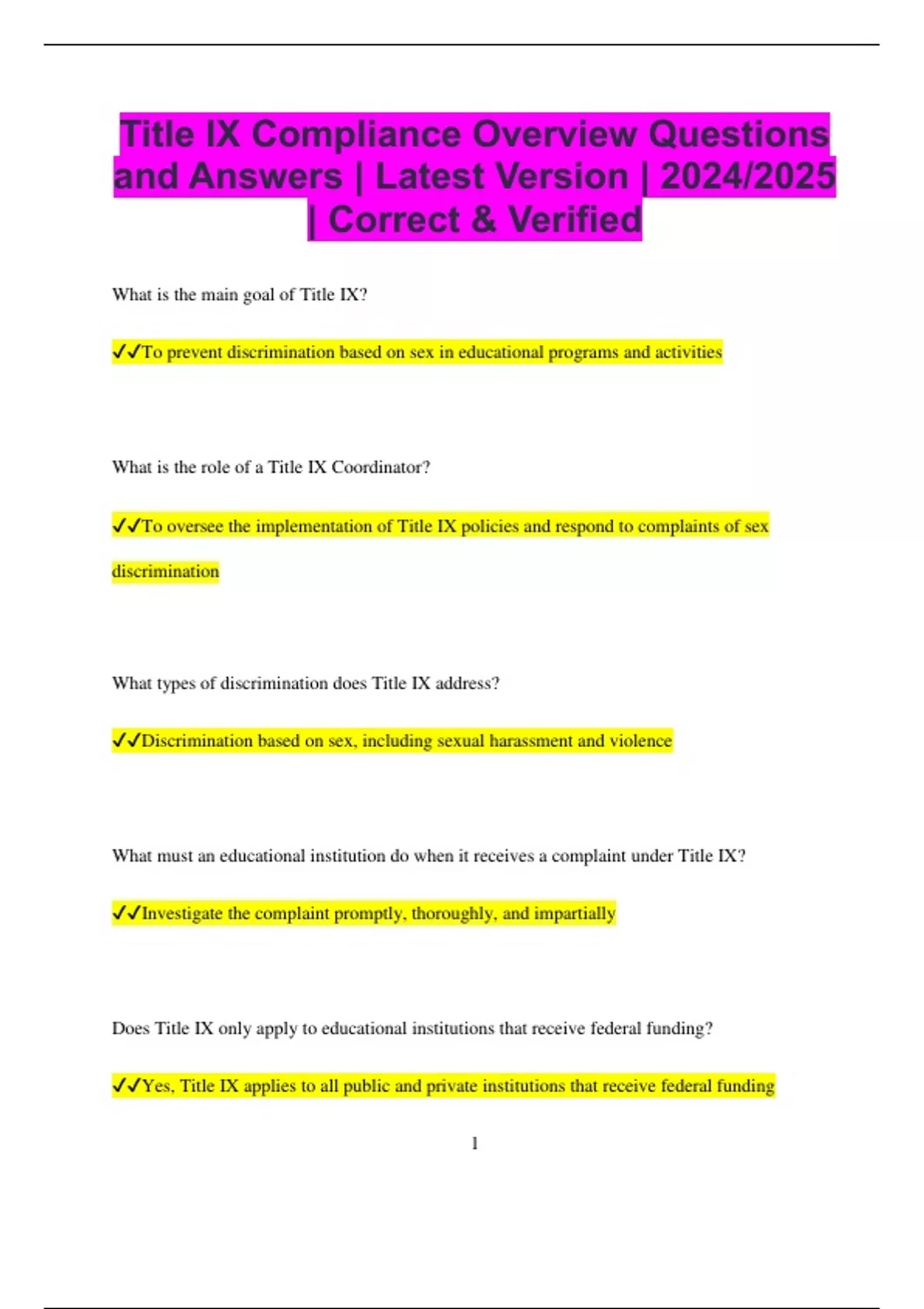 Title IX Bundled Exams Questions and Answers Multiple Versions Latest ...