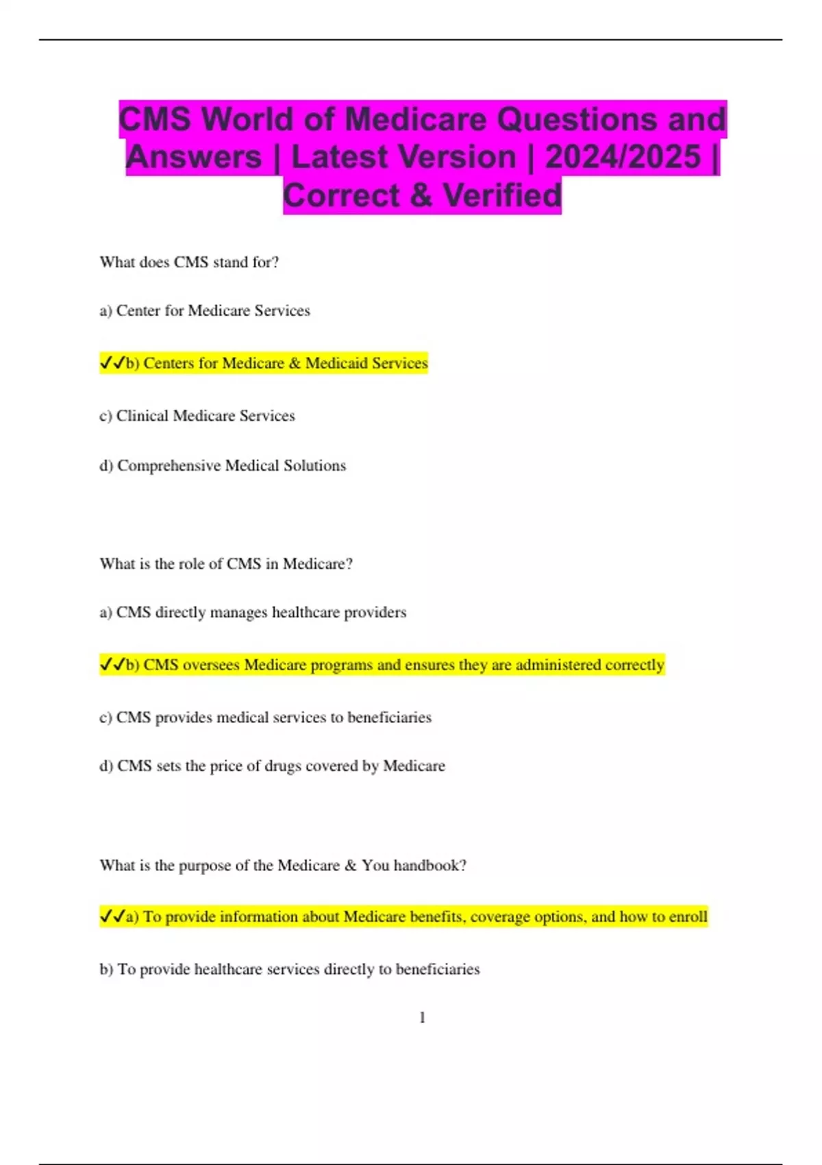 CMS World of Medicare Questions and Answers | Latest Version | 2024/ ...
