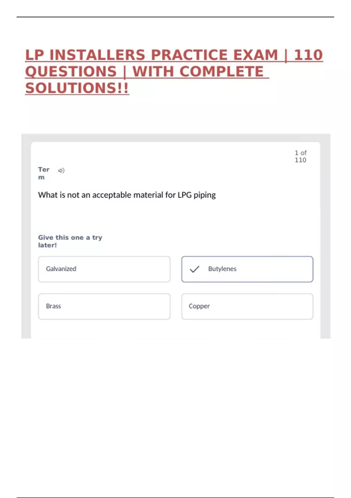 LP INSTALLERS PRACTICE EXAM | 110 QUESTIONS | WITH COMPLETE SOLUTIONS ...