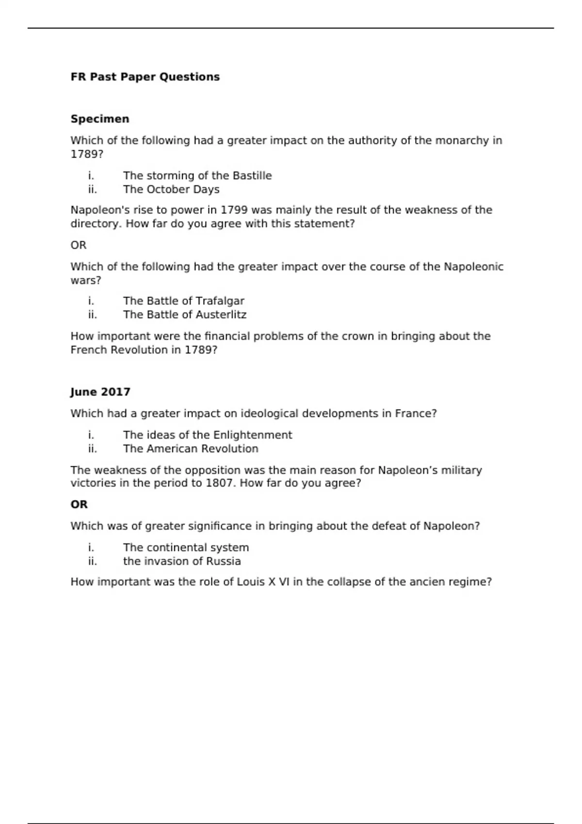 Past Paper Questions- French Revolution and Napoleon - Unit Y213: The ...