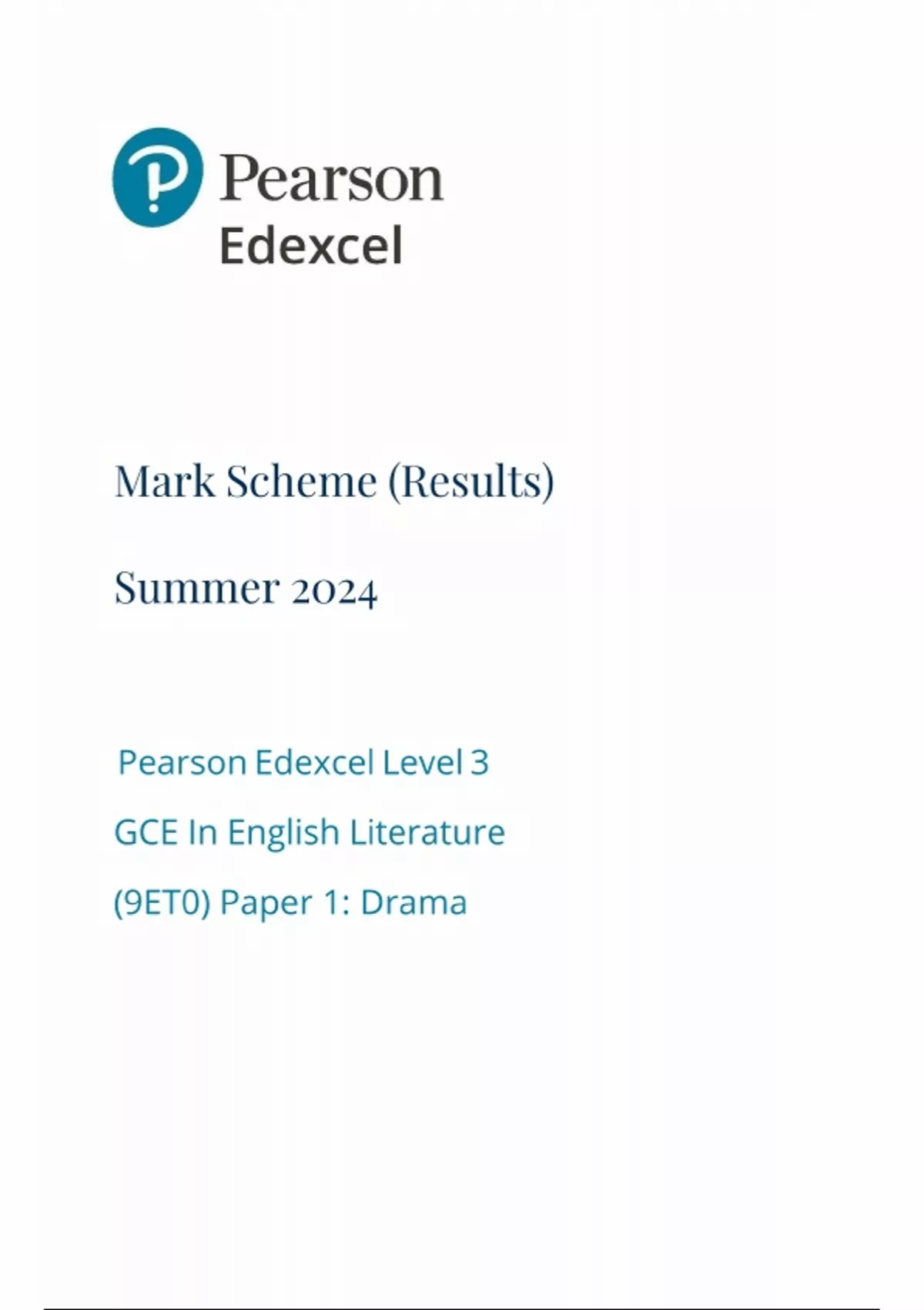 2024 Pearson Edexcel A Level English Literature Mark Scheme Paper 1 ...