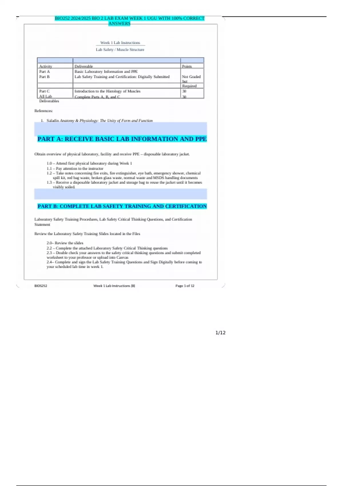 BIO252 2024/2025 BIO 2 LAB EXAM WEEK 1 UGU WITH 100% CORRECT ANSWERS ...