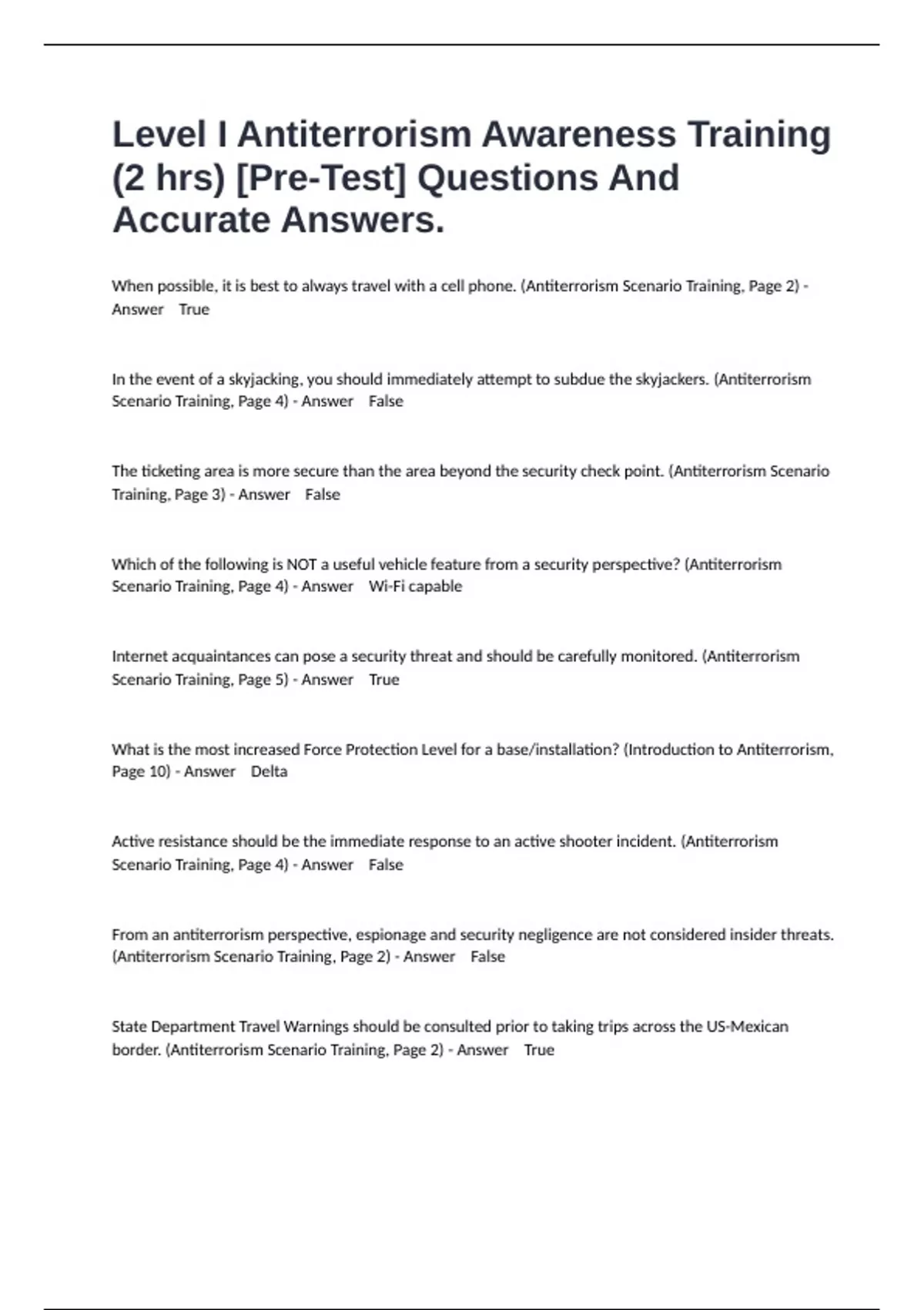 Level I Antiterrorism Awareness Training (2 hrs) [Pre-Test] Questions And Accurate Answers ...