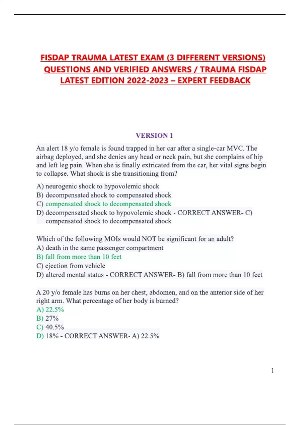 FISDAP TRAUMA Exam (Latest Update 2024 / 2025) Questions and Answers ...